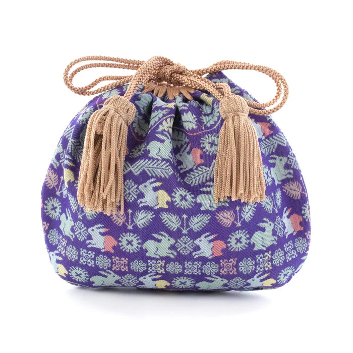 Handmade Kyoto Nishijin Silk Drawstring Pouch - Floral Rabbit & Lapis Lazuli Design | Japanese Traditional Craft Purse for Jewelry, Gifts & Special Occasions