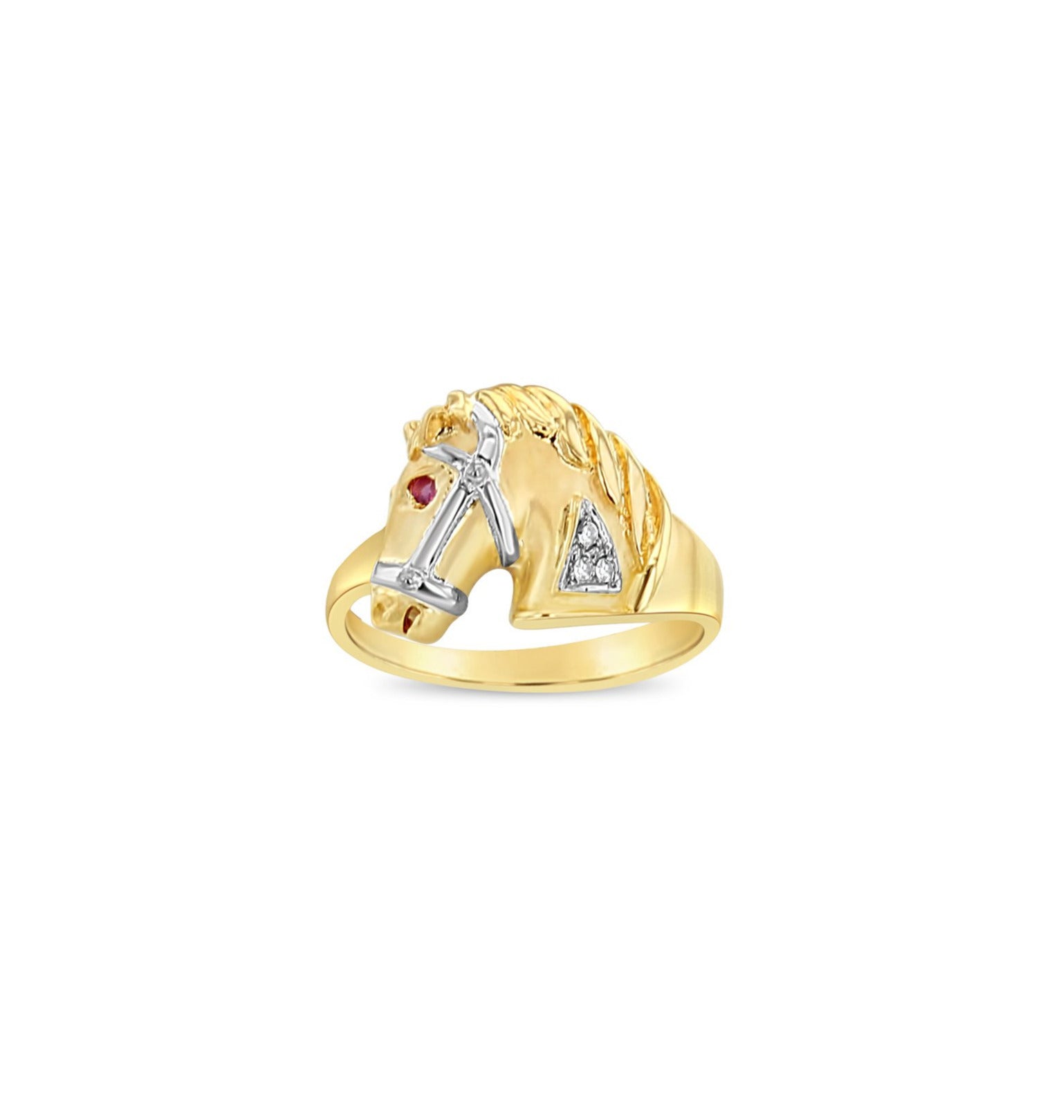 14K Yellow Gold Ruby & Diamond Accented Horsehead Matte Ring - Elegant Statement Jewelry for Women, Perfect for Gifts, Parties & Special Occasions