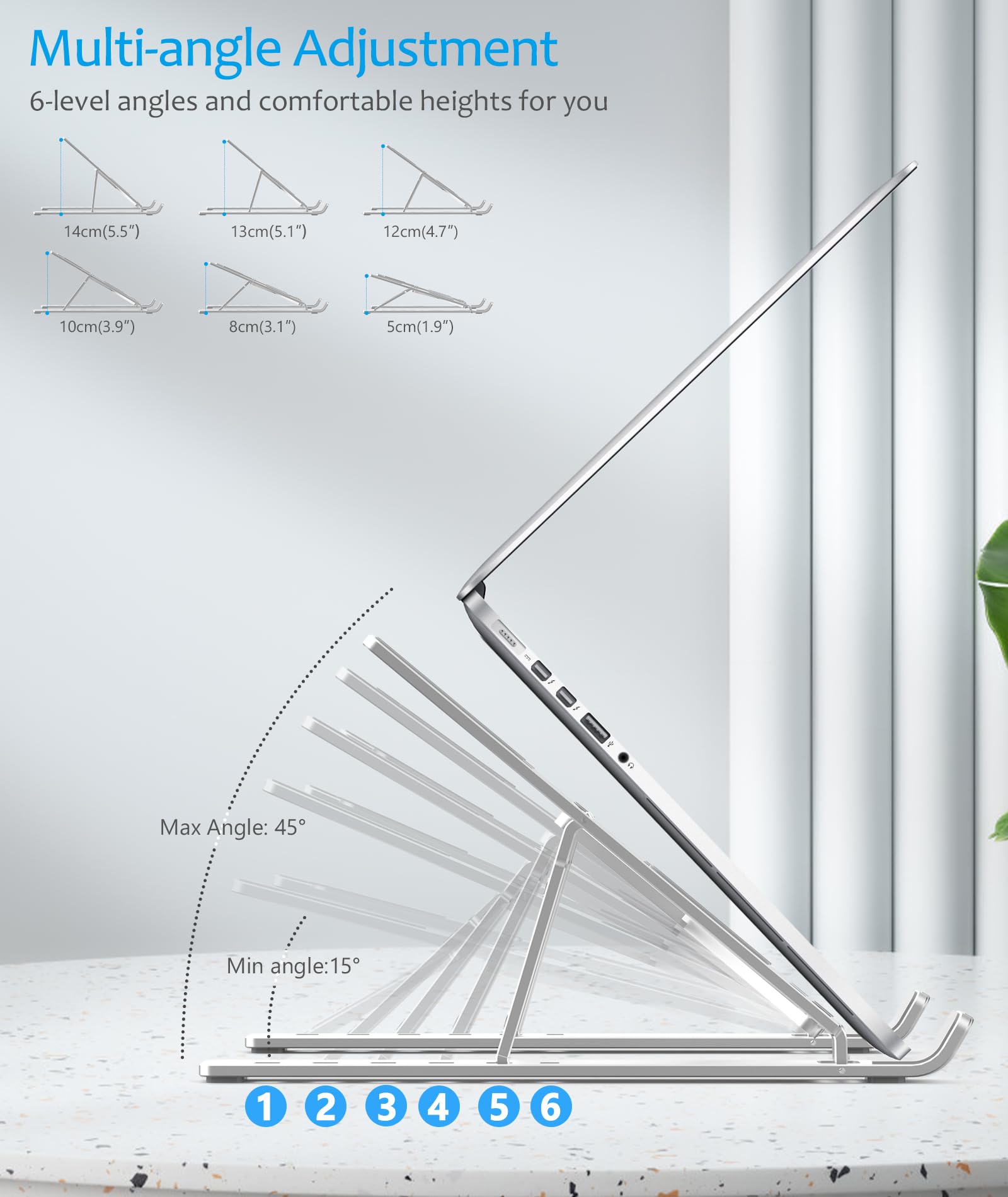 BoYata Aluminum Laptop Stand - Portable & Foldable Laptop Riser with 6 Adjustable Heights for MacBook, HP, Lenovo, Dell 10-15.6 Inch Laptops - Ergonomic Desk Stand for Home Office, Gaming & Workstation (Silver)