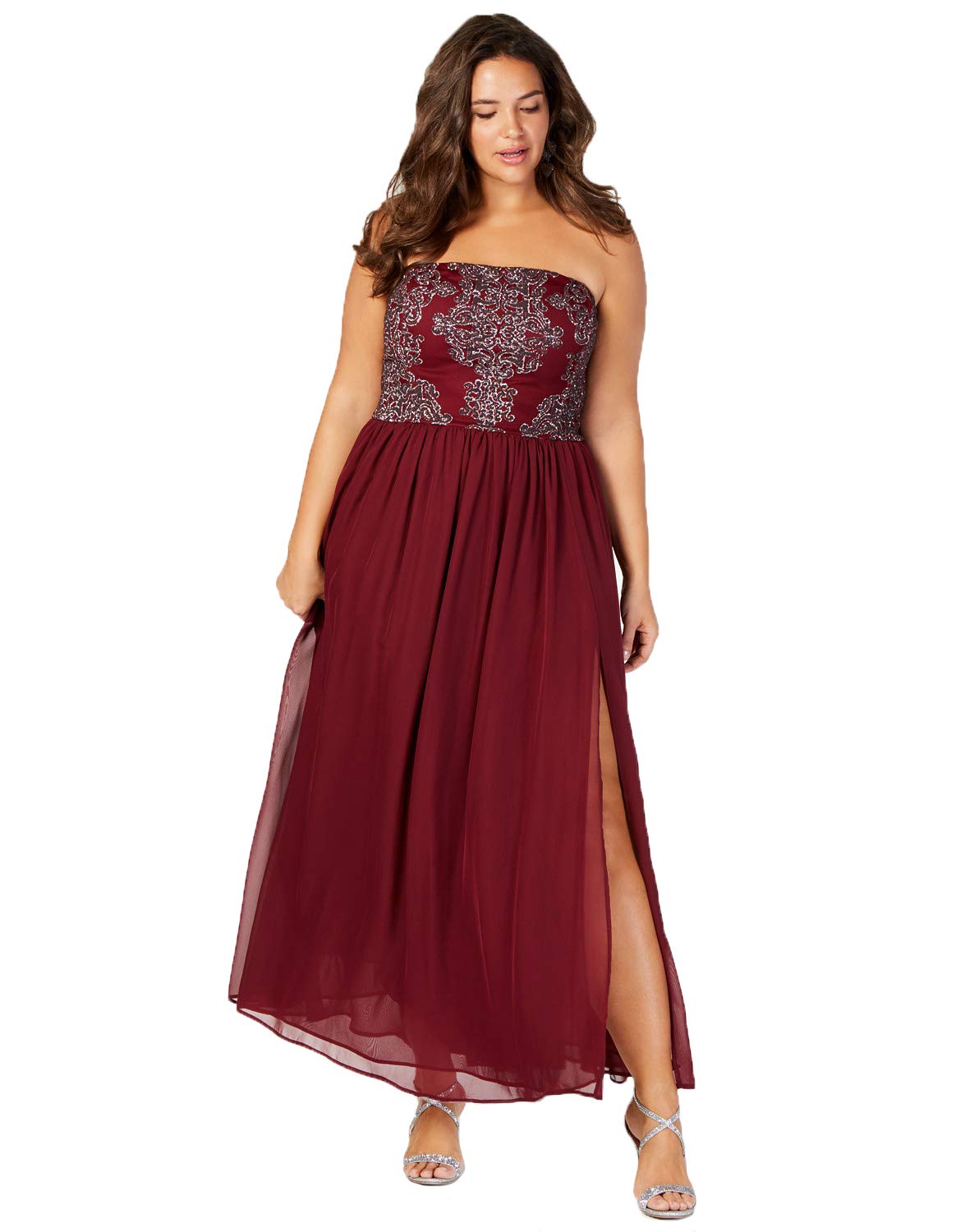 Elegant Plus Size Caviar Beaded Strapless Evening Gown - Burgundy Size 20 | Formal Dresses for Women | Perfect for Prom, Wedding Guest & Black Tie Events