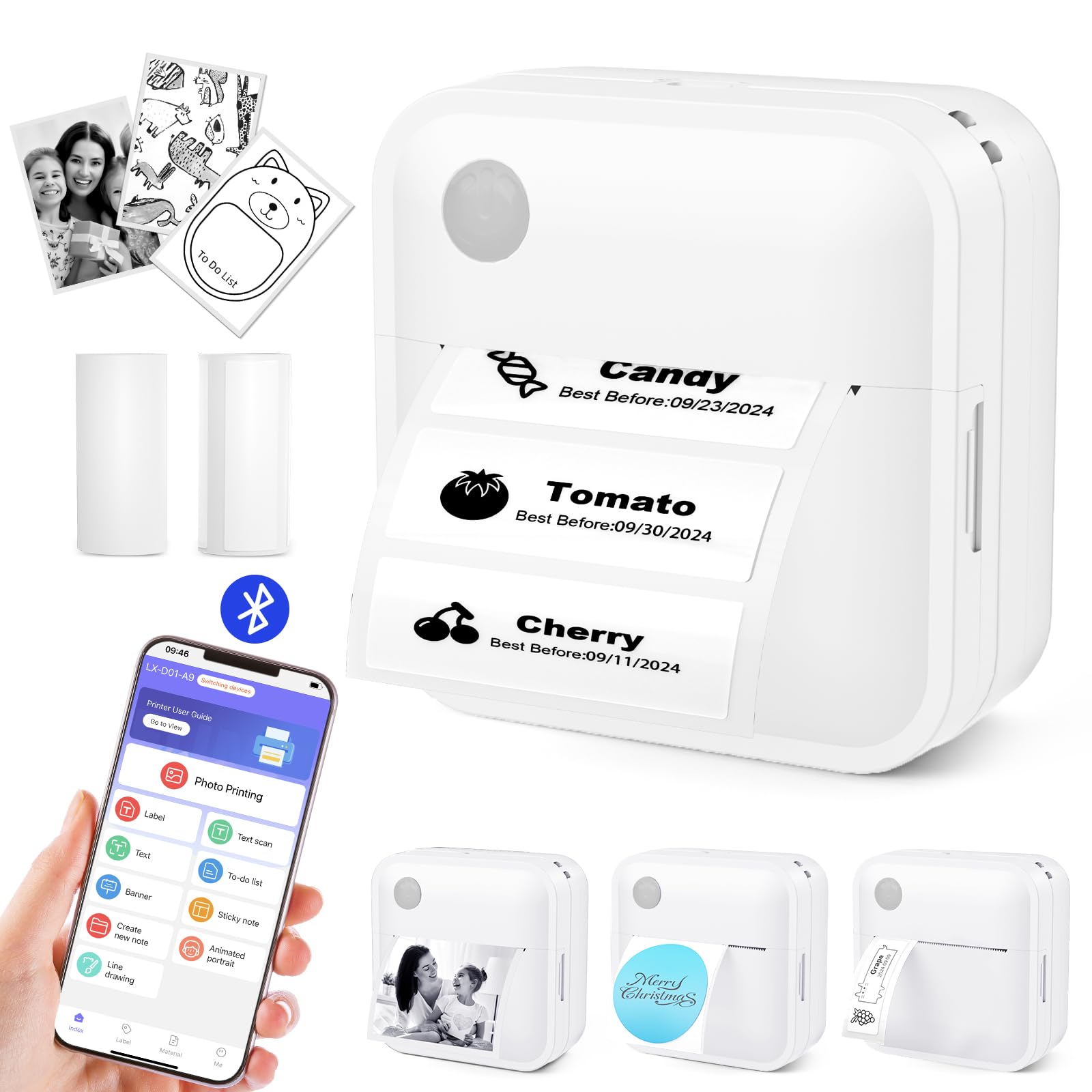 Thermal Label Maker Machine with Bluetooth - Portable Sticker Printer for Home, Kitchen, Office & School Organization | Perfect for Shipping Labels, Pantry Storage & File Organization (White)