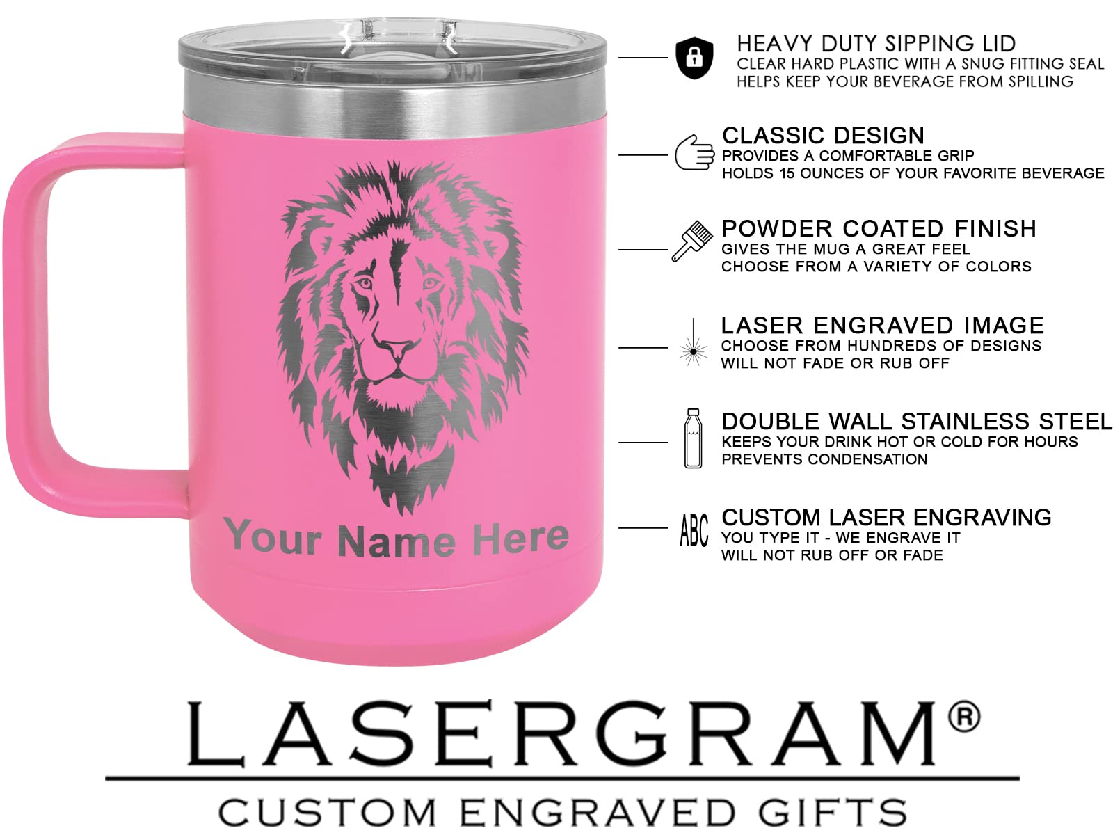 LaserGram 15oz Vacuum Insulated Coffee Tumbler with Cancer Awareness Ribbon - Personalized Engraved Pink Travel Mug for Hot & Cold Drinks - Perfect for Office, Commuting, and Outdoor Activities