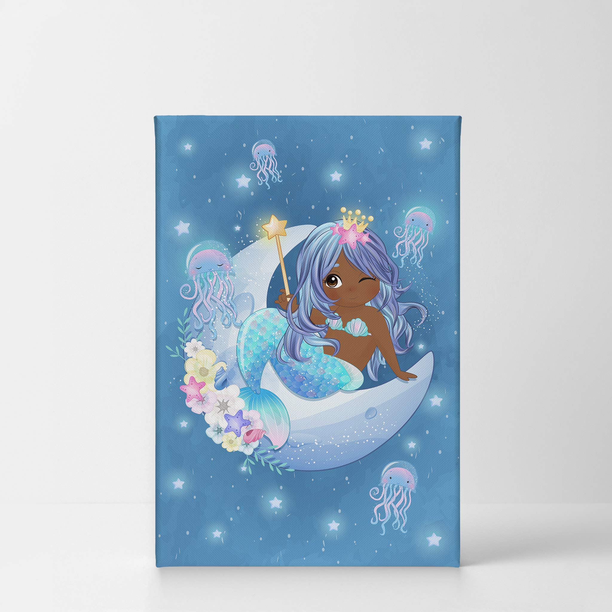 African American Mermaid Girl Canvas Print - Blue Haired Child Sitting on Crescent Moon with Stars, Night Sky Nursery Wall Art for Kids Room, Black Baby Decor, Ready to Hang 40x30 - Perfect for Bedroom, Playroom & Baby Shower Gifts