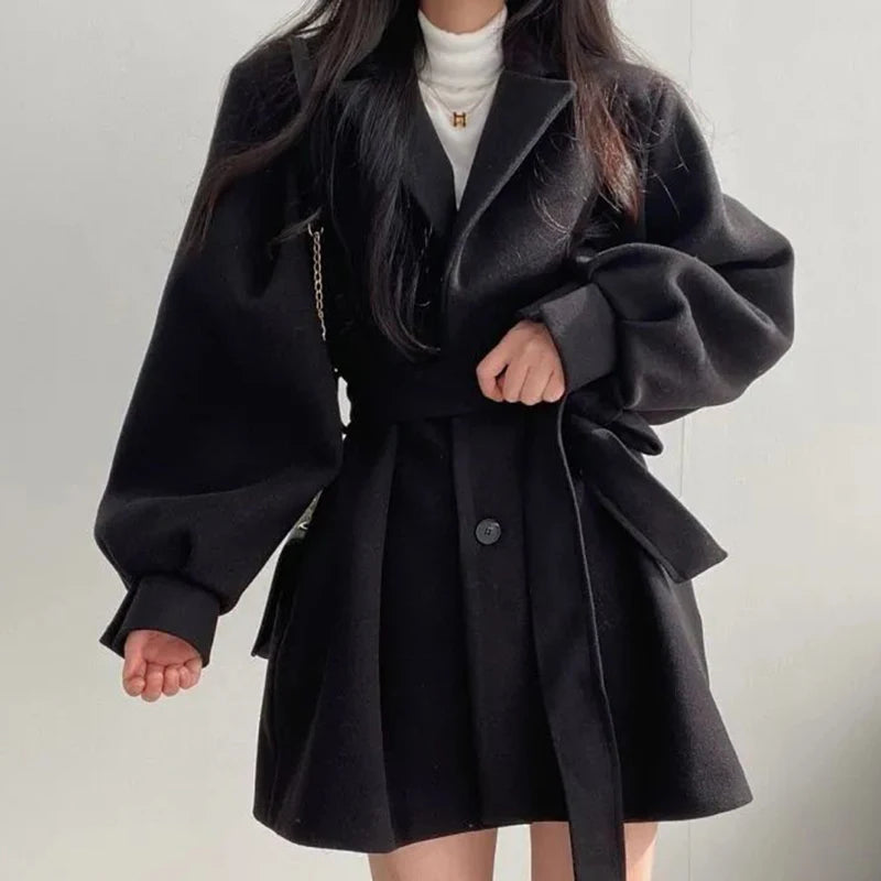 Women's Wool Blend Trench Coat with Lace-Up Front, Turn-Down Collar & Pockets – Warm Winter Long Sleeve Overcoat for Office, Dating & Fall Fashion