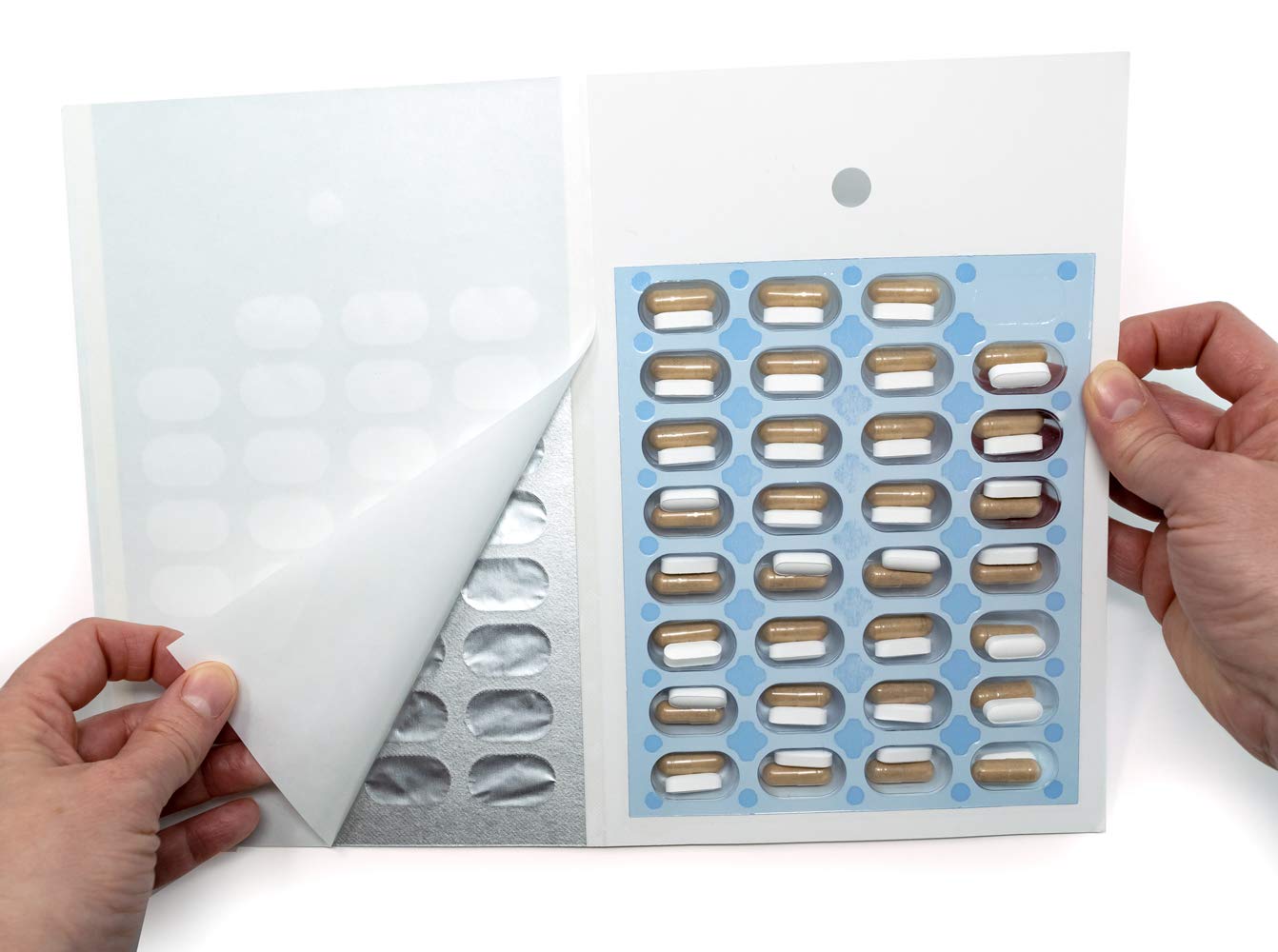 100 Pack Monthly/Weekly Cold Seal Medication Blister Pack Cards - No Equipment Needed, Easy Fill & Seal System (31-Day Supply) for Home Pharmacy Organization & Travel Medication Management