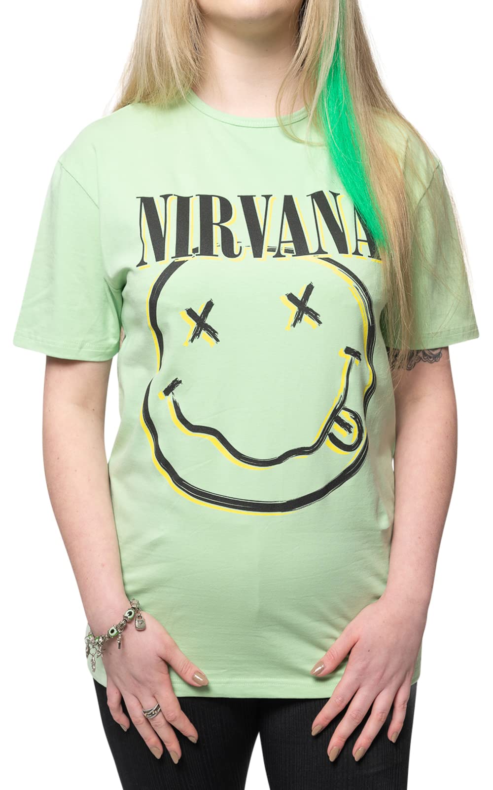 Nirvana Official Unisex Band Logo T-Shirt with Inverse Smile Design in Green - Perfect for Concerts, Grunge Fashion & 90s Retro Style