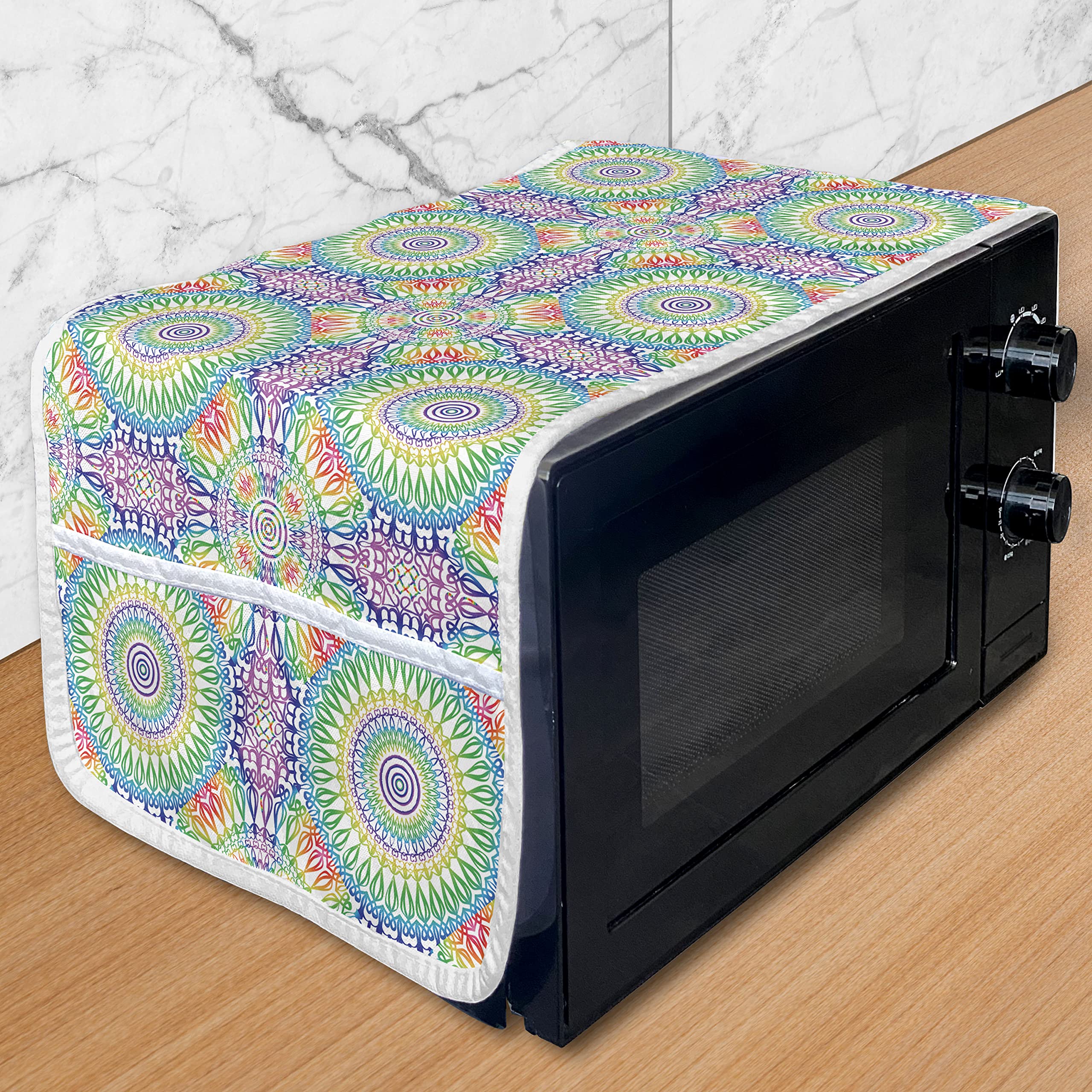 Ambesonne Retro Microwave Oven Cover - Waterproof Ethnic Mandala Design with Rainbow Colors & Pockets - 36