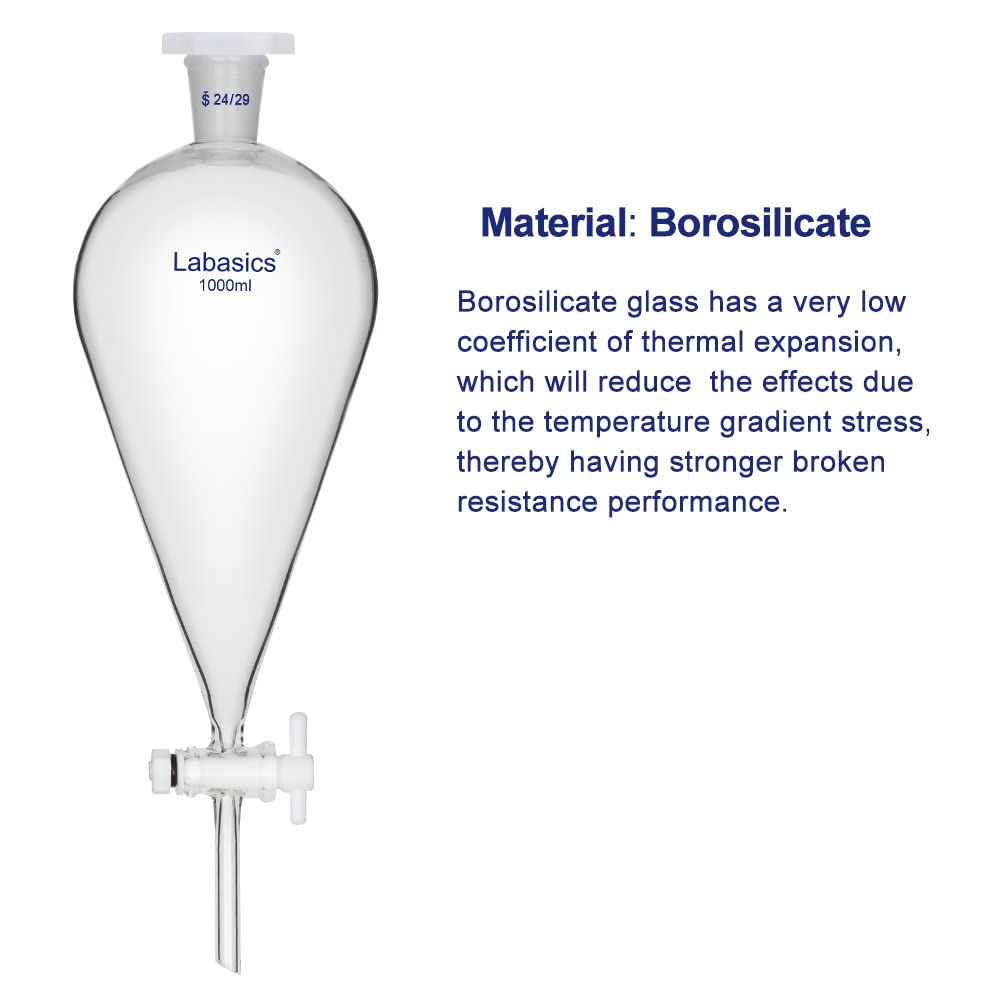 Labasics 1000ml Heavy Wall Borosilicate Glass Conical Separatory Funnel with 24/29 Joints & PTFE Stopcock - Ideal for Chemistry Labs, Liquid Extraction, and Solvent Separation