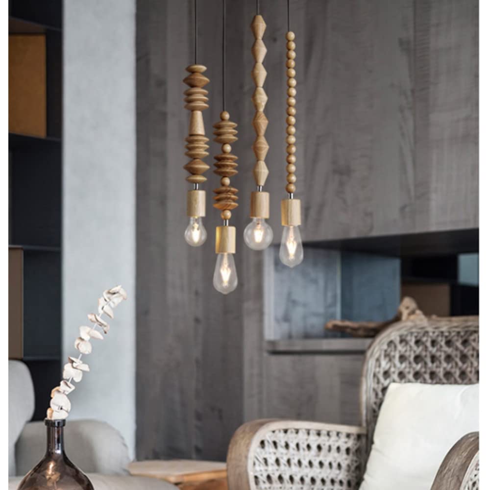 4-Pack Wood Beads Ceiling Pendant Lights - Rustic Farmhouse Wooden Hanging Chandelier for Dining Room, Kitchen Island, Bedroom & Living Room (Natural Wood Color)