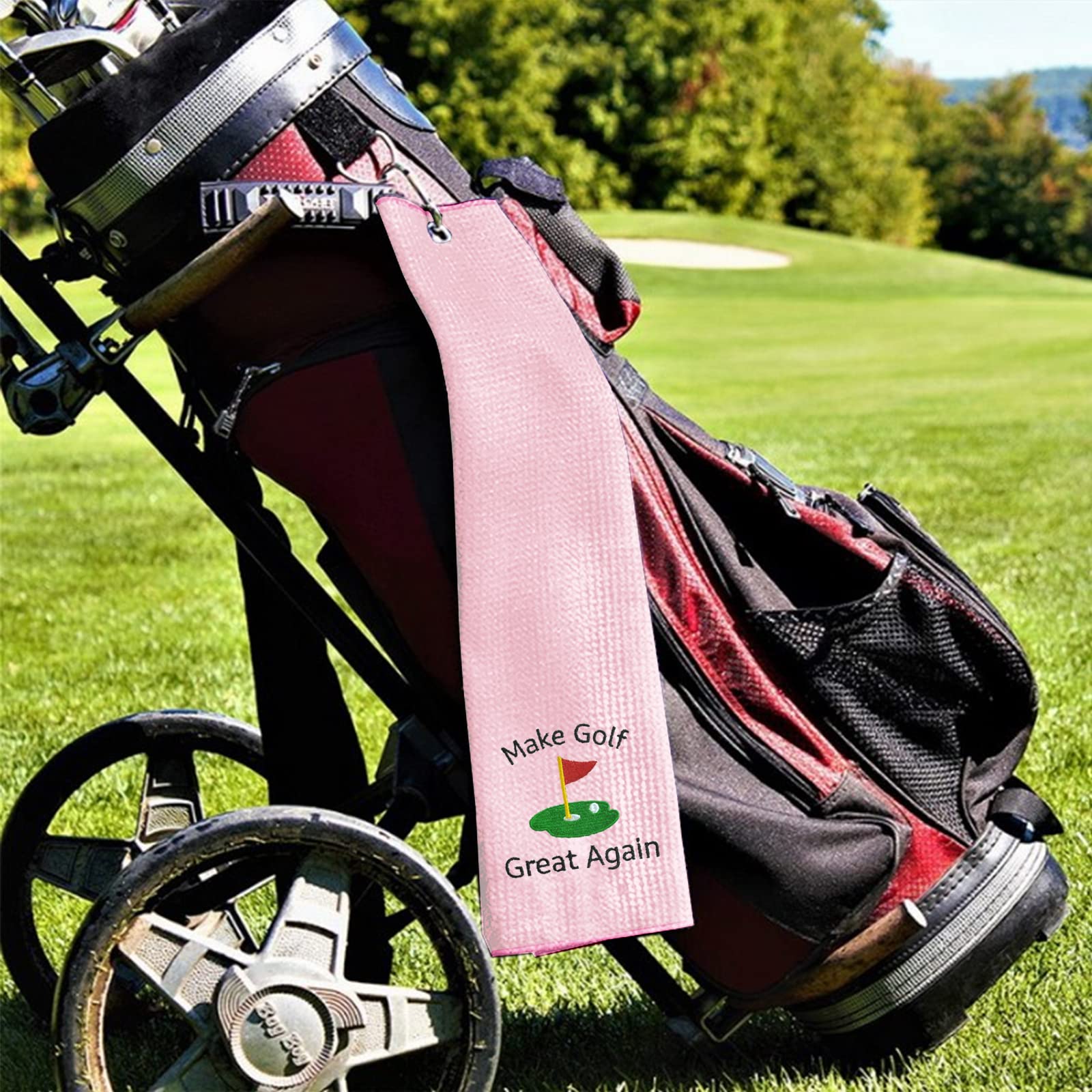 Premium Embroidered Golf Towel with Clip - Absorbent & Durable Golf Accessories for Men & Women - Perfect for Wiping Clubs & Hands on the Course (Pink)