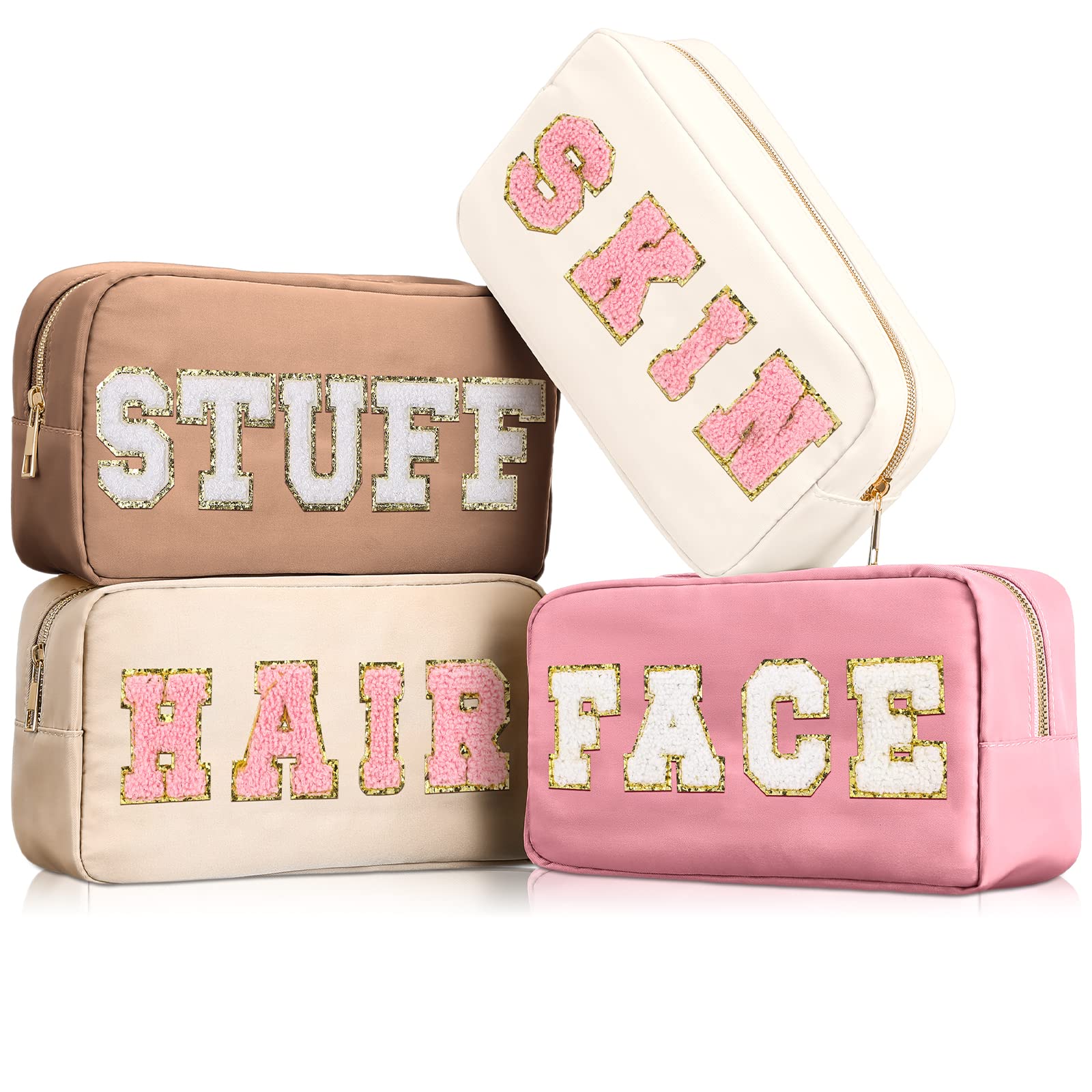 4 Pack Preppy Makeup Bags | Chenille Letter Cosmetic Pouches with Zipper | Nylon Travel Toiletry Cases for Women | Perfect for School, Gym & Vacation Essentials