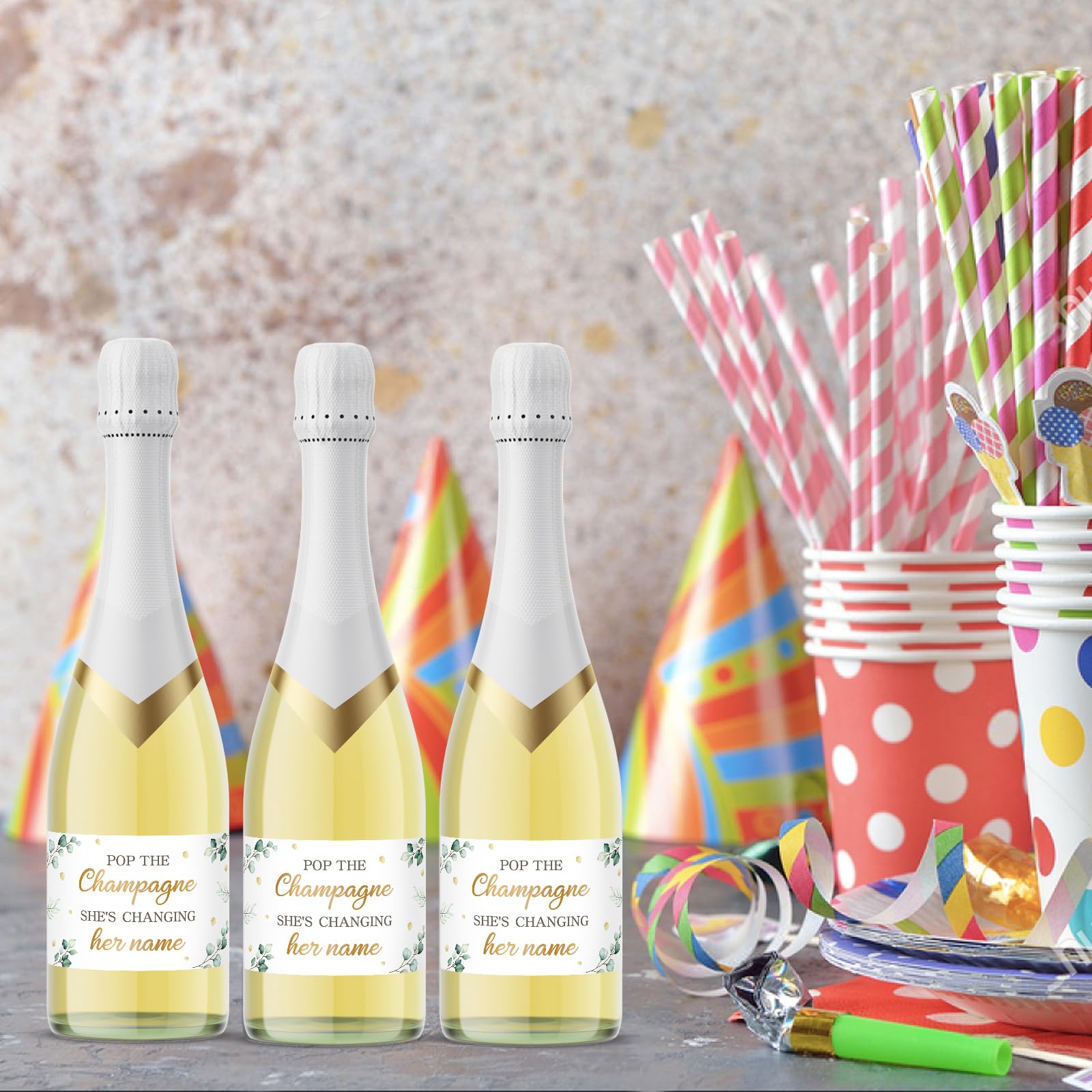 Bachelorette Party Mini Champagne Bottle Labels - Set of 20 Bridal Shower Decor Stickers for 'Pop The Champagne She's Changing Her Name' Theme - Perfect for Wedding Showers, Girls Night & Celebrations