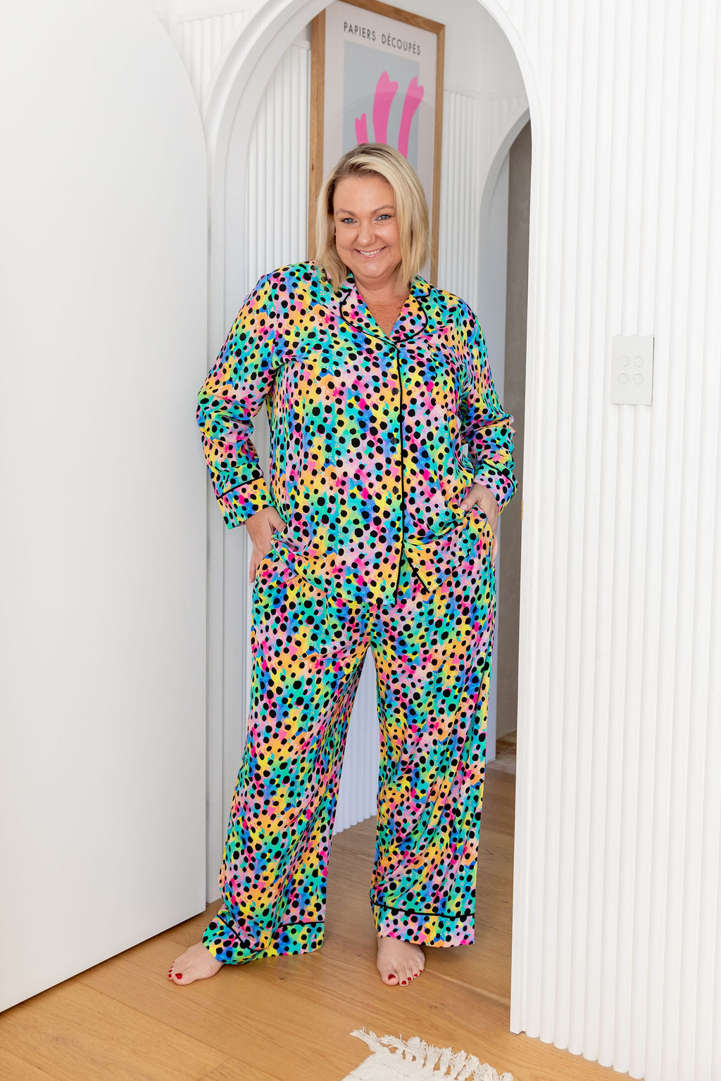 Kasey Rainbow Sundown Long Sleeve Shirt & Pants Sleepwear Set - Rainbow Cheetah Print PJs for Women | Cozy Lounge Wear & Comfortable Nightwear for Relaxing at Home