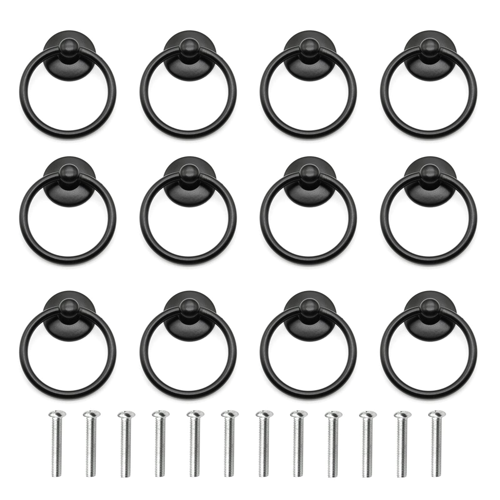 12 Pack Black Metal Ring Drawer Pull Handles - Cabinet, Dresser, Cupboard & Door Knobs - Perfect for Kitchen, Bathroom & Bedroom Furniture Upgrade