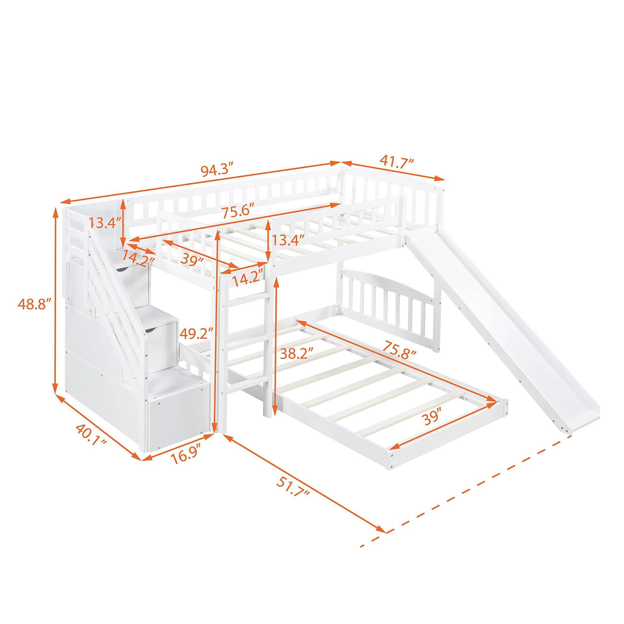 Harper & Bright Designs Twin Over Twin Bunk Bed with Slide, Stairs & Storage Drawers - Solid Wood Low Bunk Bed with Guardrails for Kids & Teens - Space-Saving Bedroom Furniture for Small Rooms, Sleepovers & Guest Rooms (White, No Box Spring Needed)