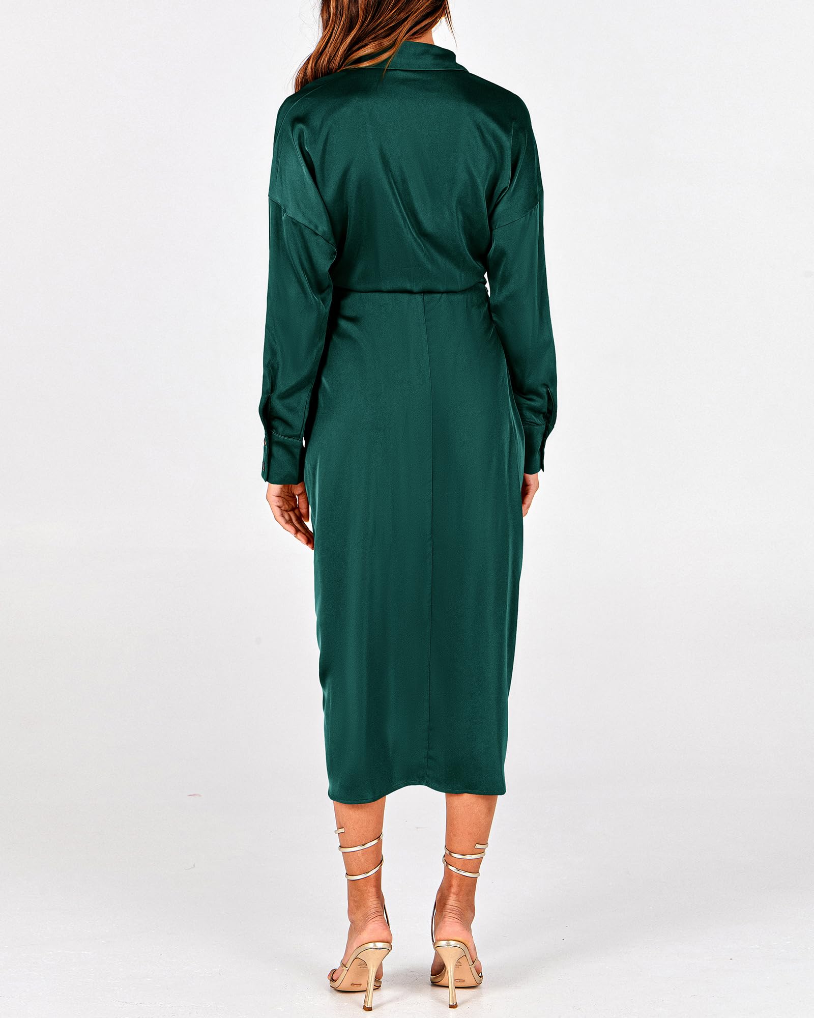 BTFBM Women's Long Sleeve Satin Dress - Elegant V Neck Button Down Maxi Dress with Belt & Ruched Detail for Spring Summer 2025 | Perfect for Weddings, Parties & Office Wear