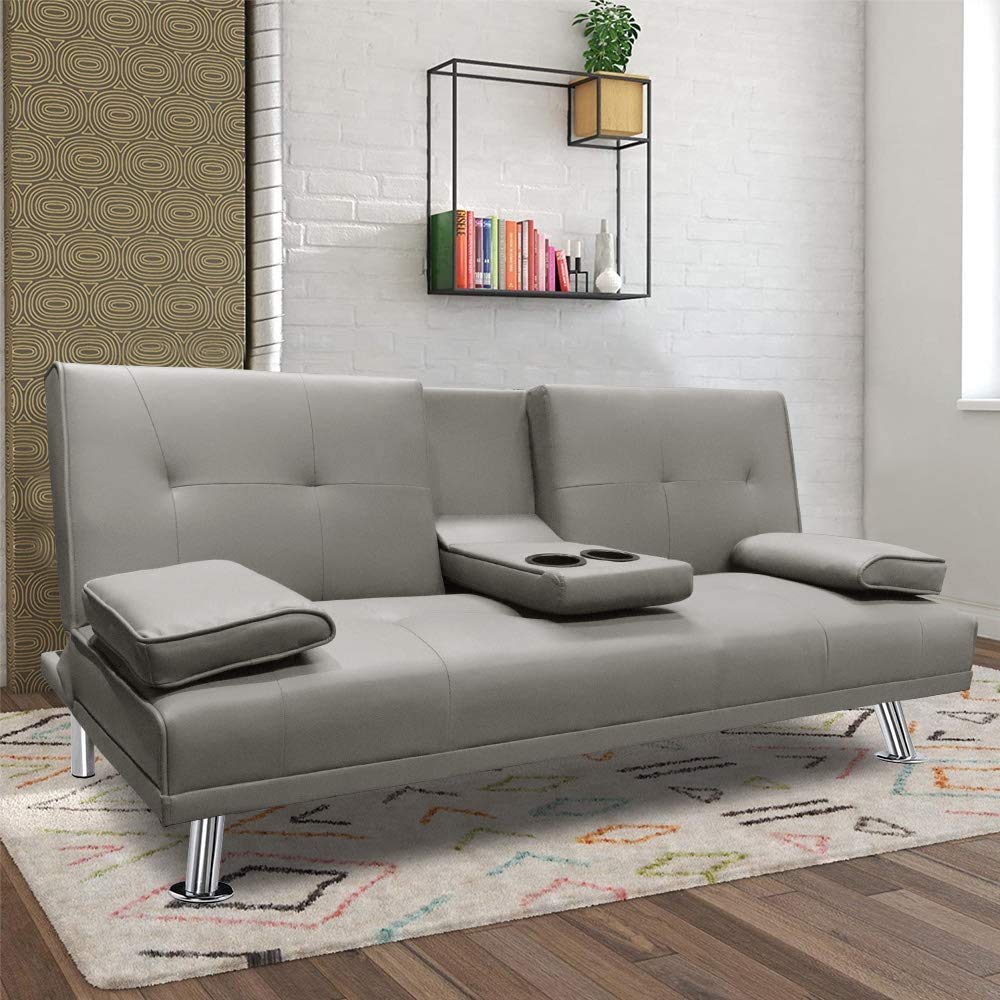 MOOSENG Convertible Futon Sofa Bed - Faux Leather Sleeper Couch with 2 Cup Holders, 65.7 Inch Foldable Recliner for Small Spaces - Perfect for Apartments, Dorms & Guest Rooms (Gray)