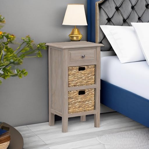 Safavieh Everly White Wash 1-Drawer Side Table with 2 Removable Baskets - Nightstand, Bedside Table, Living Room Accent Furniture for Small Spaces