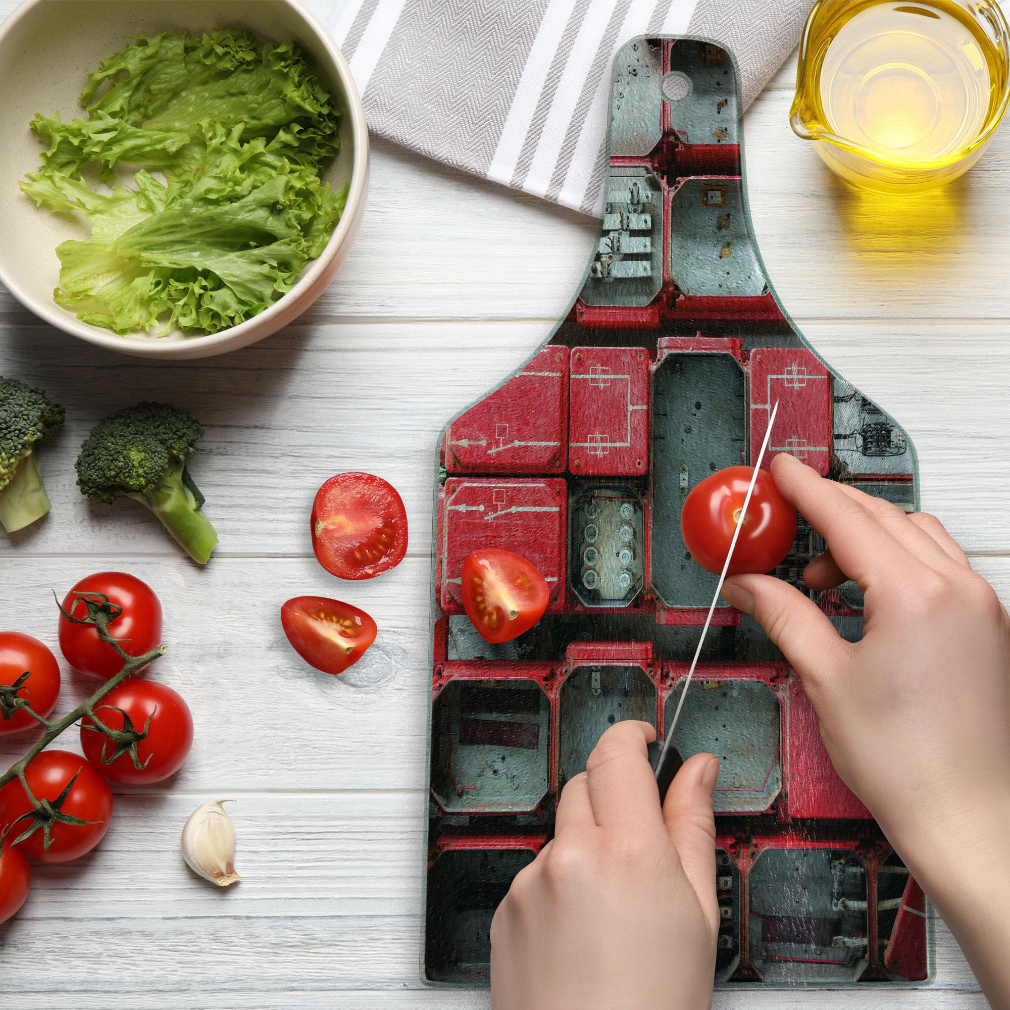 Ambesonne Industrial Style Cutting Board - Tempered Glass Serving Board with Fuse Cabinet Design, Red White Grey - Perfect for Kitchen Prep, Charcuterie, and Wine Serving