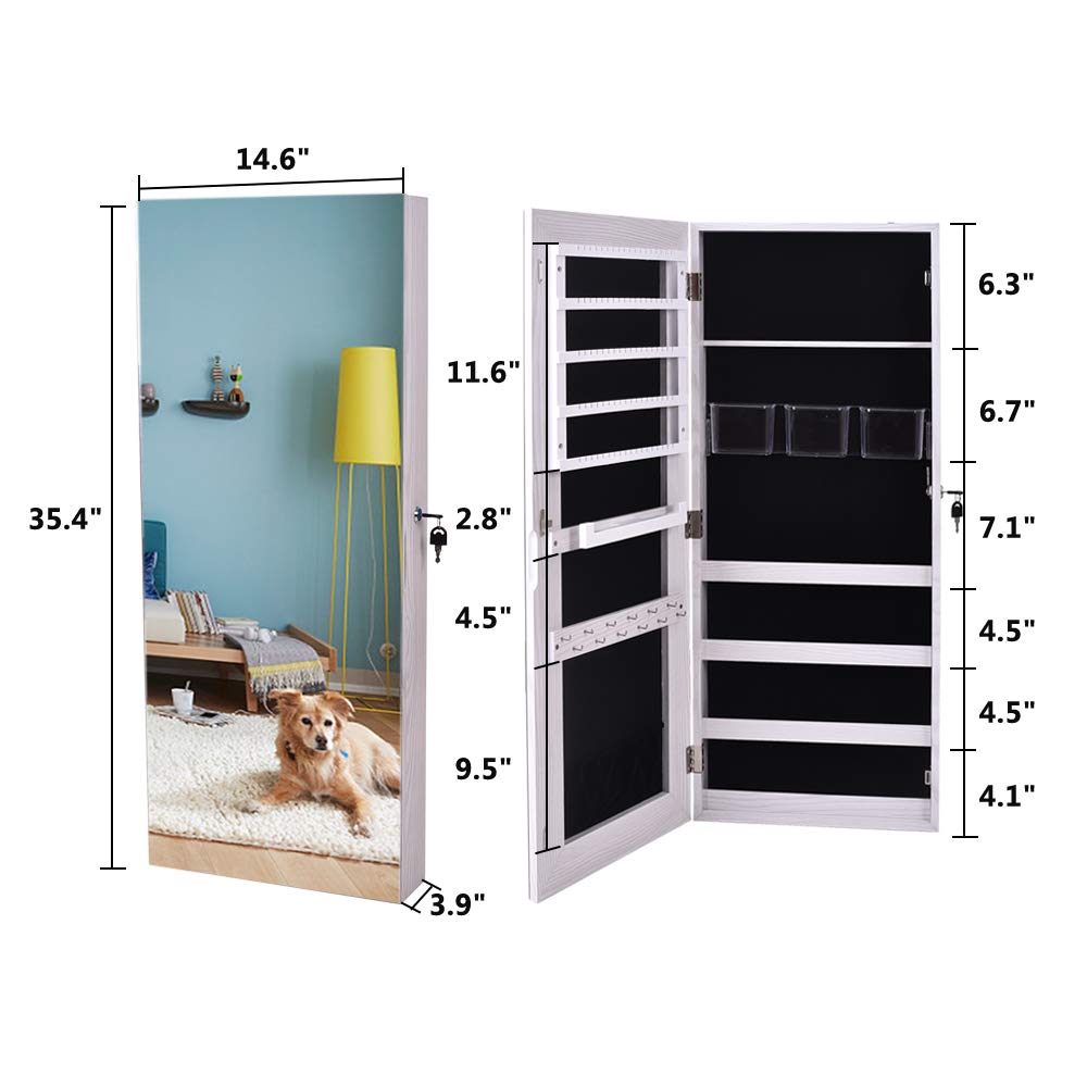 PVC Film Wall Mount Jewelry Cabinet with Full-Length Mirror, Lock & Hanging Door - Perfect for Bedroom Closet, Walk-In Wardrobe & Dressing Room Organization
