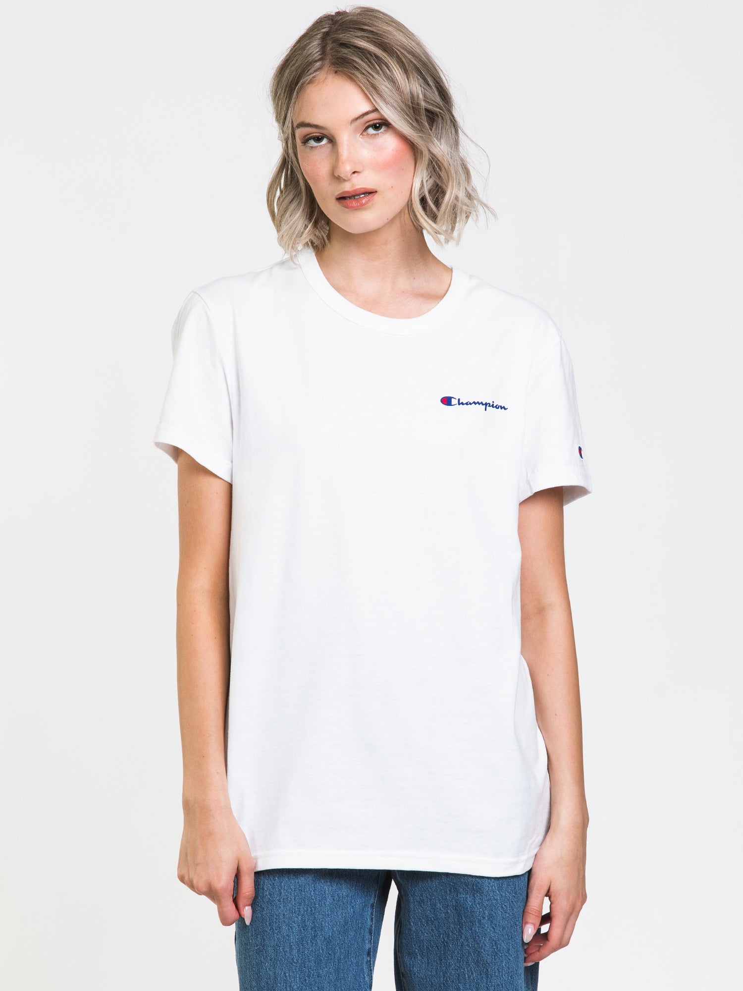 Champion Boyfriend Script T-Shirt - Soft Cotton Relaxed Fit Tee for Women | Casual Wear, Lounge, Gym & Everyday Outfits