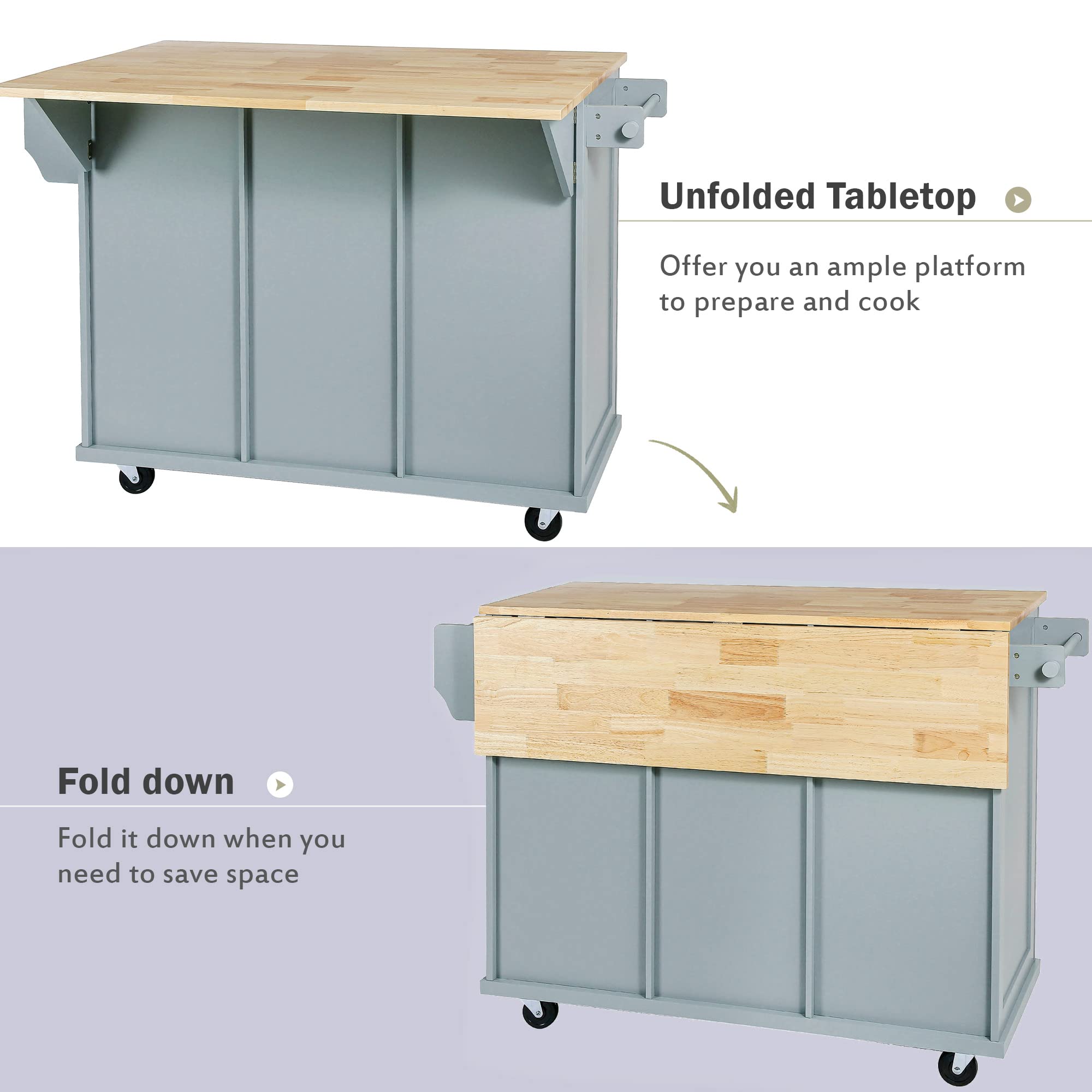 Multi-Functional Kitchen Island Cart with Drop-Leaf Cabinet, 5-Wheel Mobile Base, 3 Storage Drawers & Internal Rack - 53.1