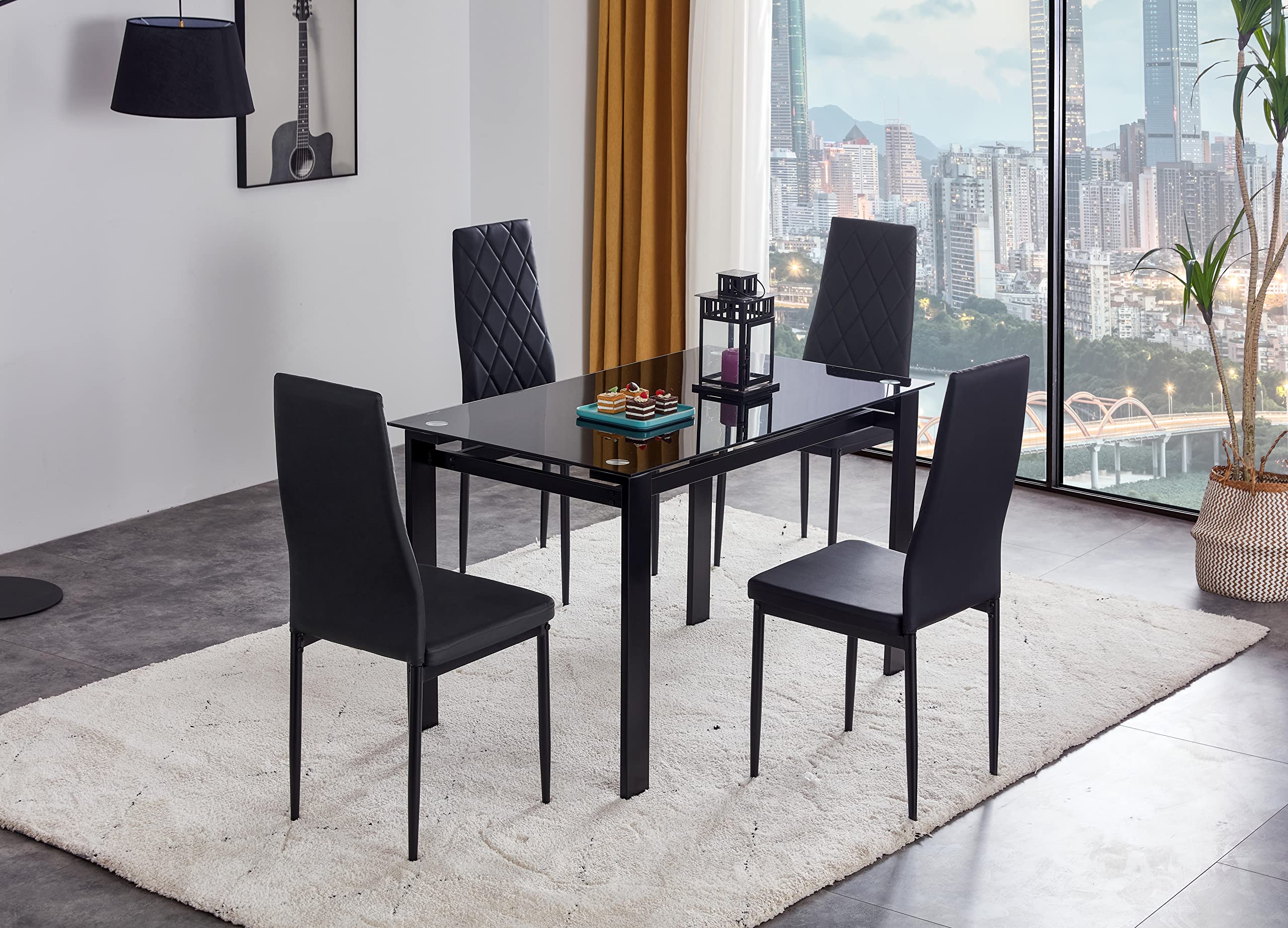 IANIYA 5-Piece Tempered Glass Dining Table Set - Transparent Table & Black Chairs, Modern Kitchen Room Furniture, 2023 New Black Set 5 for Small Spaces and Compact Homes