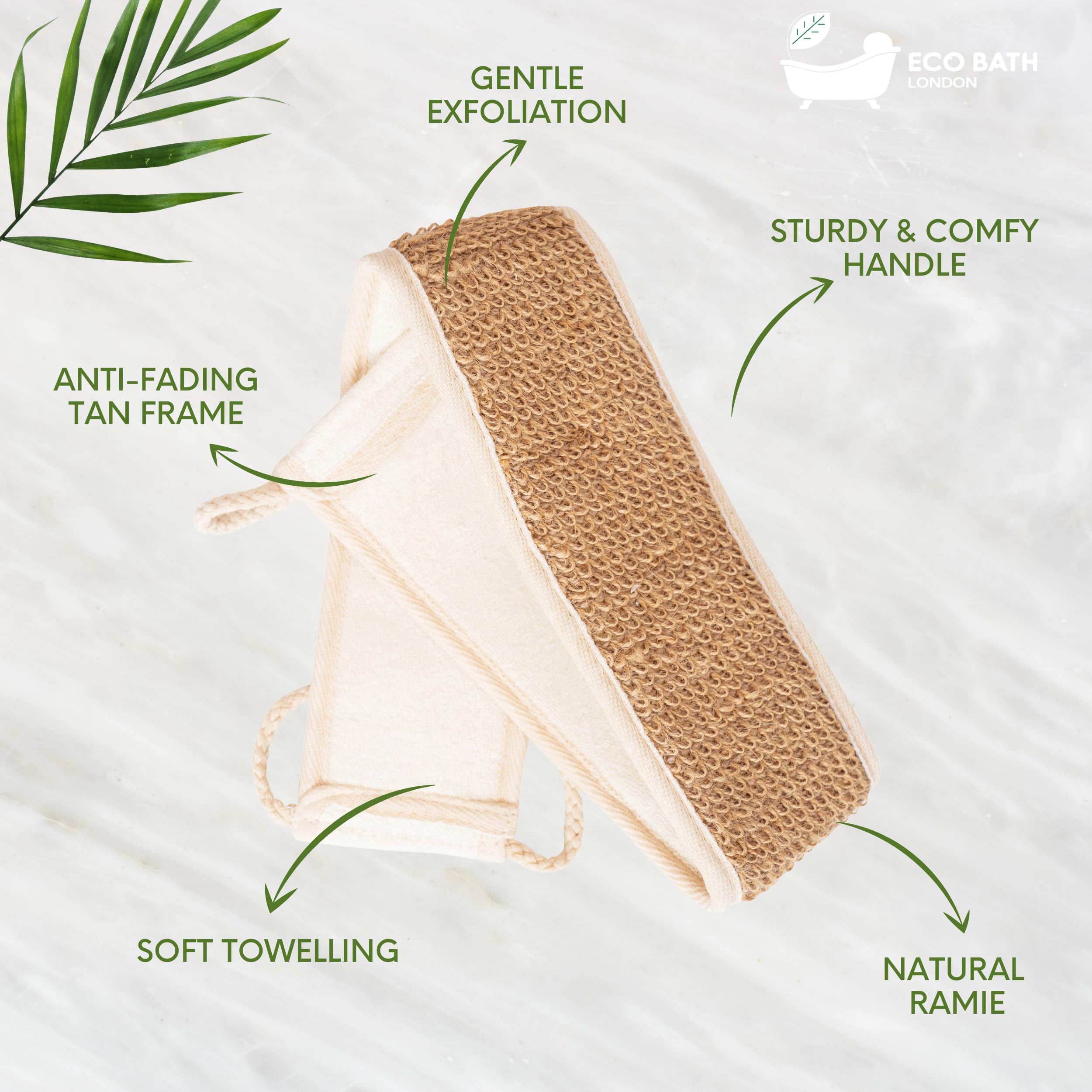 Eco Bath London Natural Ramie Back Strap - Exfoliating Back Scrubber with Handles, Premium Shower Bath Sponge Body Scrubber for Smooth Skin | Perfect for Spa, Home Use & Gift Giving