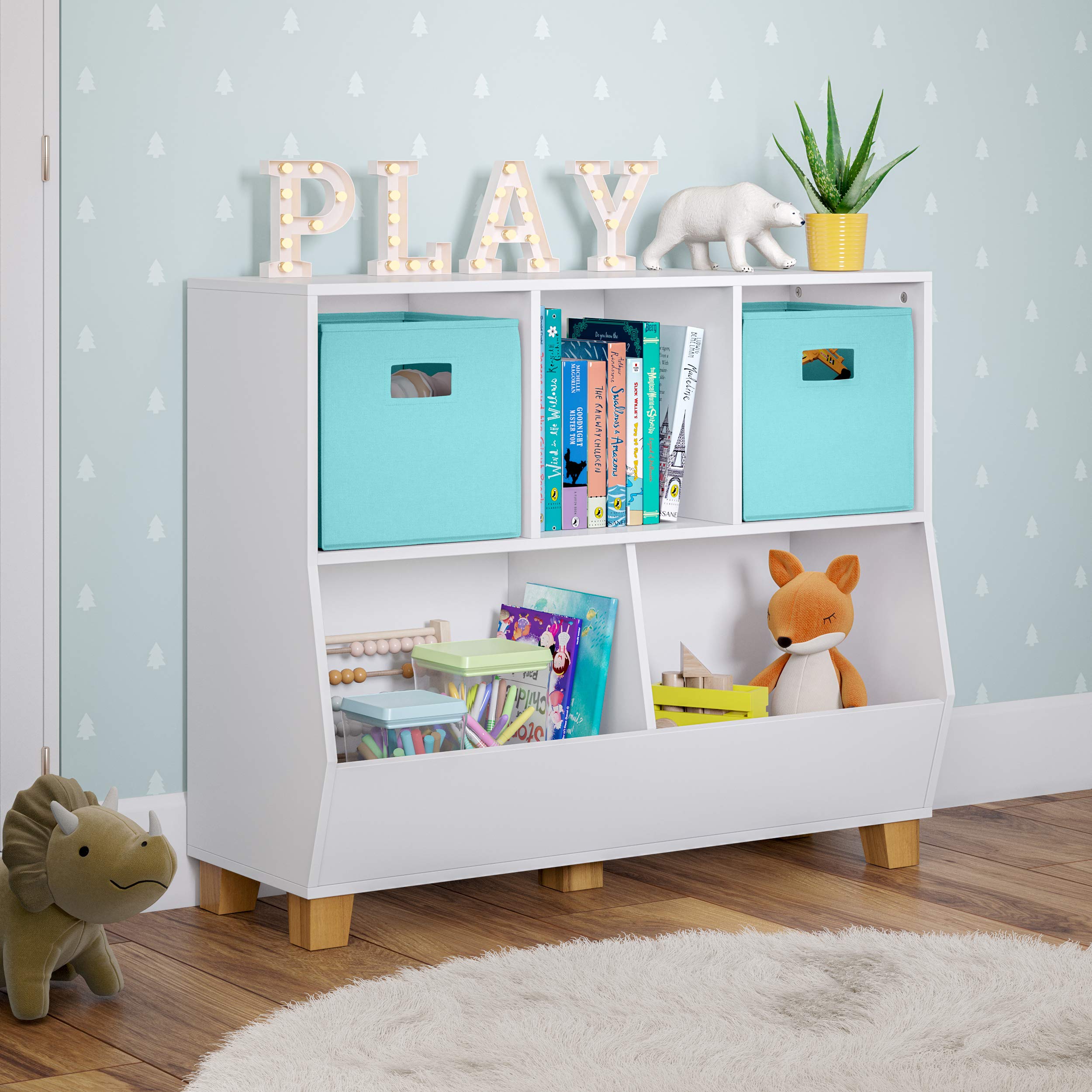 RiverRidge 35-Inch Wide Kids Toy Storage Organizer with 3 Cubbies & 2 Fabric Bins - White & Aqua Toy Bin for Playroom, Nursery, or Bedroom Organization - Perfect for Storing Toys, Books, and Kids Room Decor