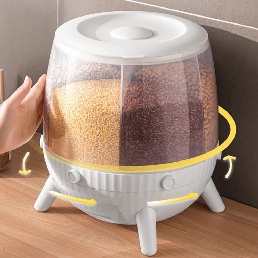 KouRy Automatic Rotating Rice Dispenser - 5L White Cereal Storage Container for Kitchen, Pantry Organization & Dry Food Dispensing - Perfect for Grains, Rice, Cereal, Pasta, Pet Food & More