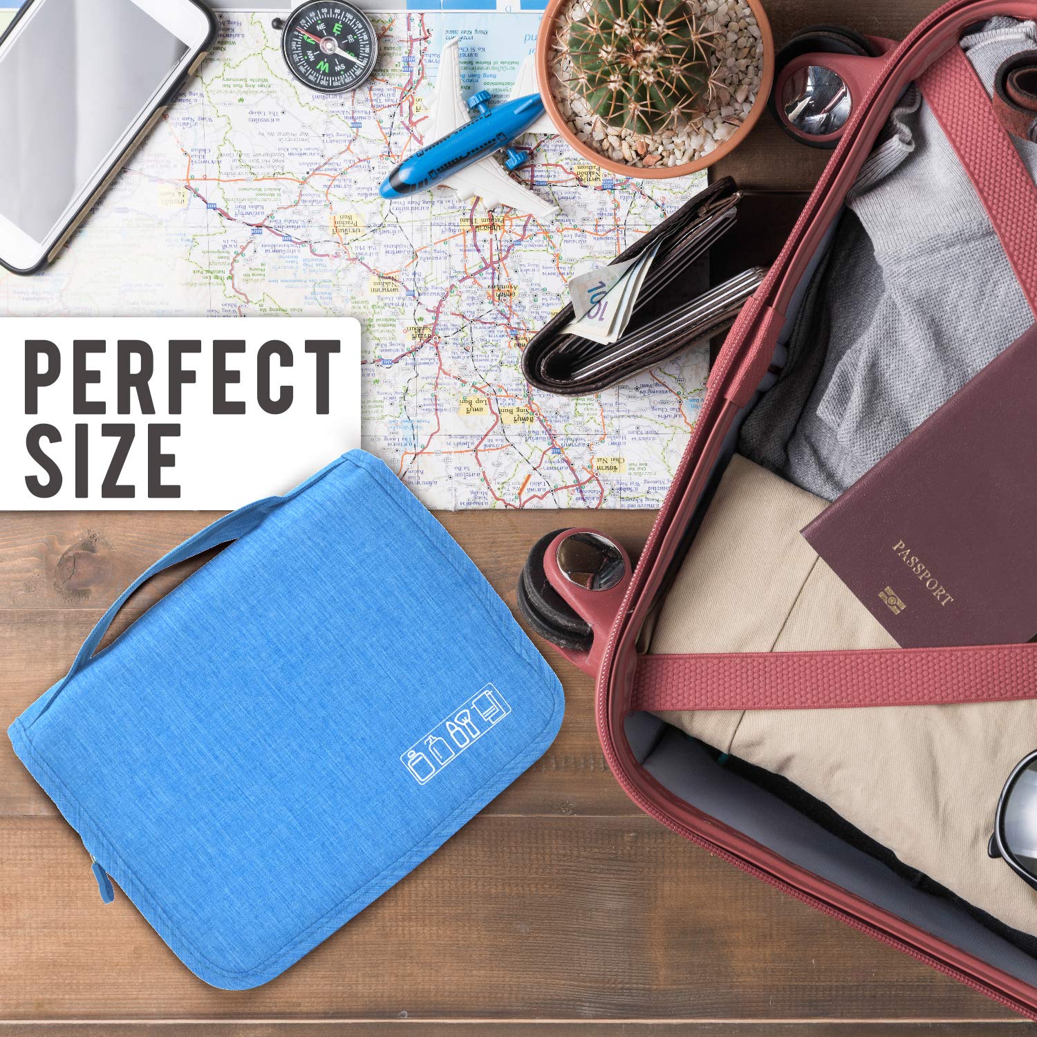 Lightweight Hanging Toiletry Bag - Portable Travel Cosmetic Organizer with Hook for Makeup, Toiletries & Personal Items - TSA Approved for Men, Women & Kids - Perfect for Air Travel, Camping & Gym (Blue)