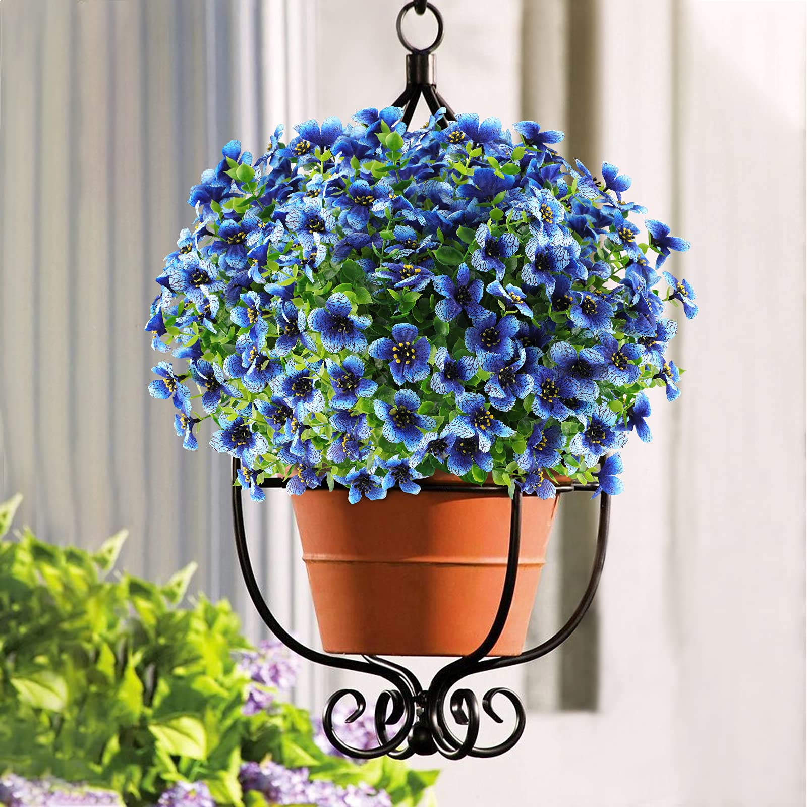 GREENRAIN 6 Bundles UV Resistant Artificial Flowers - Fake Outdoor Plants for Garden, Window Box & Porch Decor - Faux Plastic Flowers in Blue - Perfect for Home, Patio and Wedding Decorations