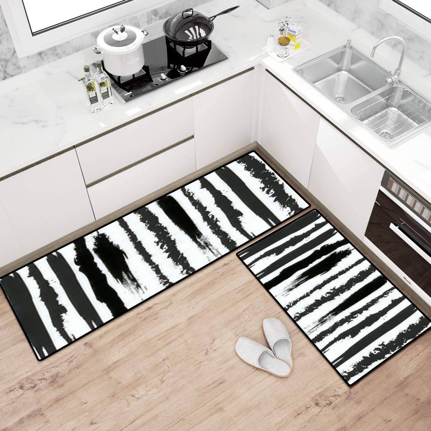 Boho Kitchen Rugs Set - Abstract Black Stripes Non-Slip Washable Floor Mat - Traditional Folk Style Runner for Kitchen, Bathroom, Entryway - Comfort Standing Mats for Home Decor (Set of 3) - Perfect for Farmhouse, Apartment & Cozy Home Kitchen Floor Protection