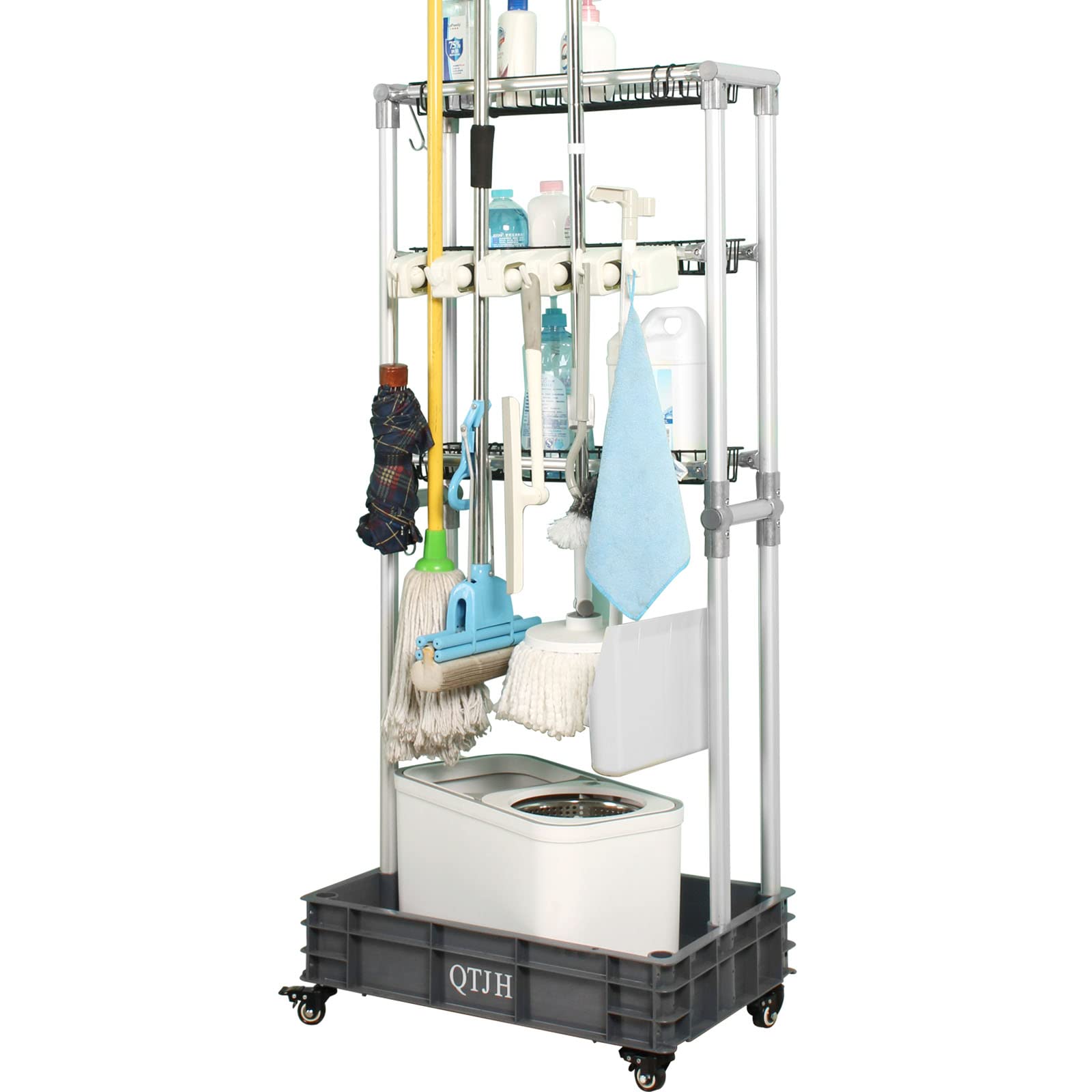 Steel Wire Storage Shelf & Broom Mop Holder - Heavy Duty Janitorial Cart Organizer for Cleaning Supplies | Perfect for Home, Garage & Commercial Use