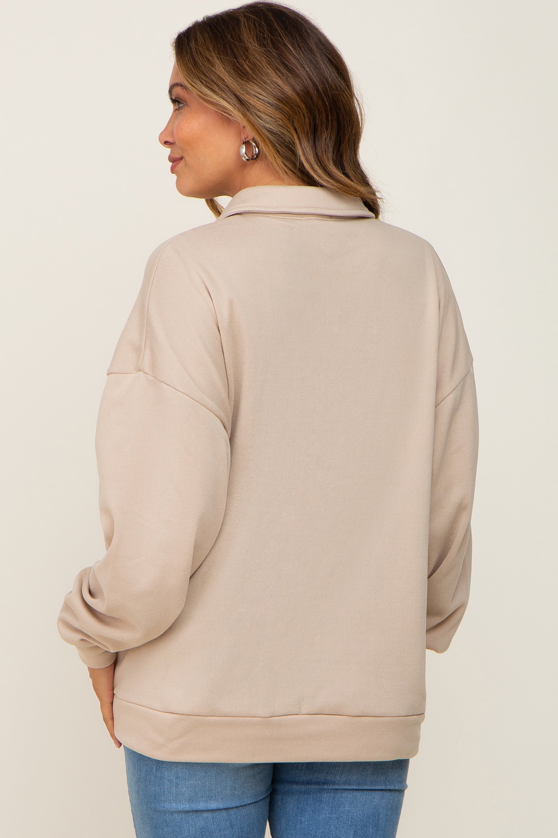 Beige Maternity Sweater with Collar - Soft & Comfortable Pullover for Pregnant Women - Perfect for Work, Casual Wear & Maternity Photos