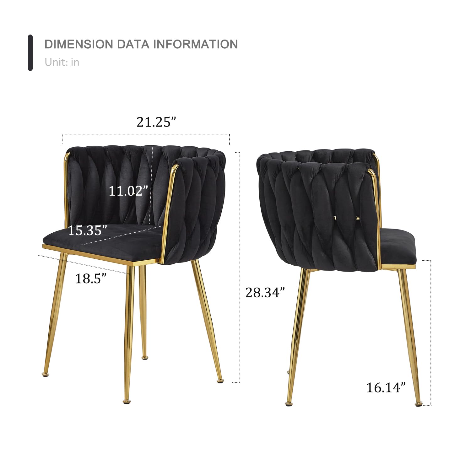 Black Velvet Dining Chairs Set of 4 - Modern Upholstered Chairs with Golden Metal Legs & Woven Design for Dining Room, Kitchen, Living Room | Elegant Seating for Home Decor, Dinner Parties & Vanity Areas