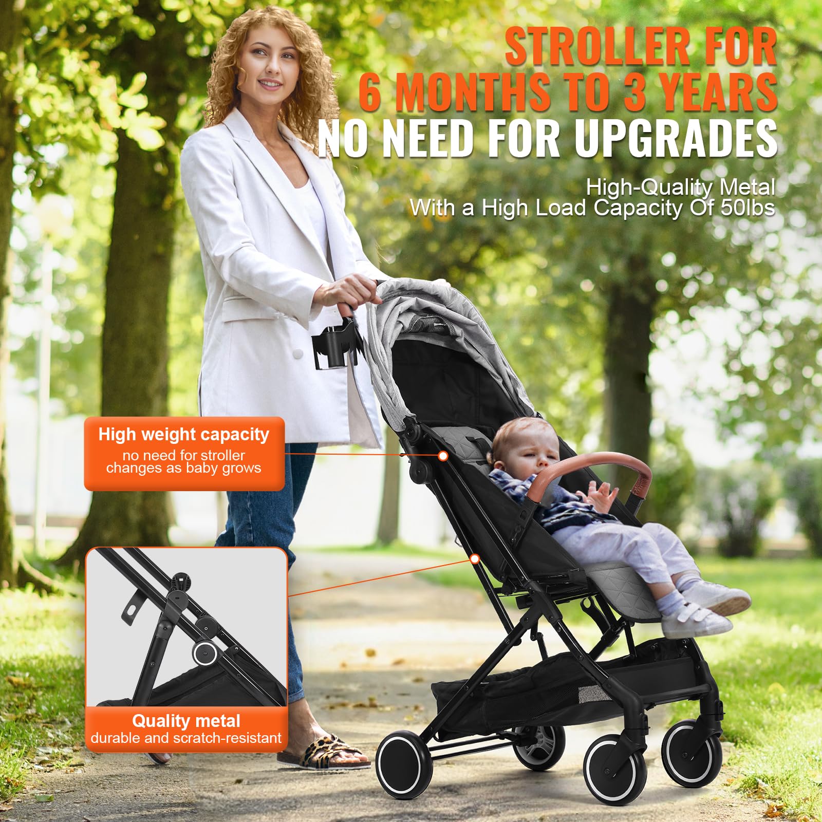 VEVOR Lightweight Baby Stroller with Adjustable Backrest (95°-150°) & Footrest (0°-90°), One-Click Fold, Cup Holder & Carry Bag - Perfect for Newborns & Toddlers - Ideal for Shopping, Travel & Daily Walks (Light Grey)