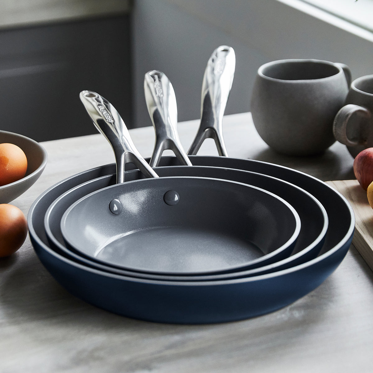 Valencia Pro Ceramic Nonstick 8, 9.5, and 11-Inch Frying Pan Set - Oxford Blue | PFOA-Free Cookware for Healthy Cooking | Perfect for Sautéing, Frying & Everyday Meals