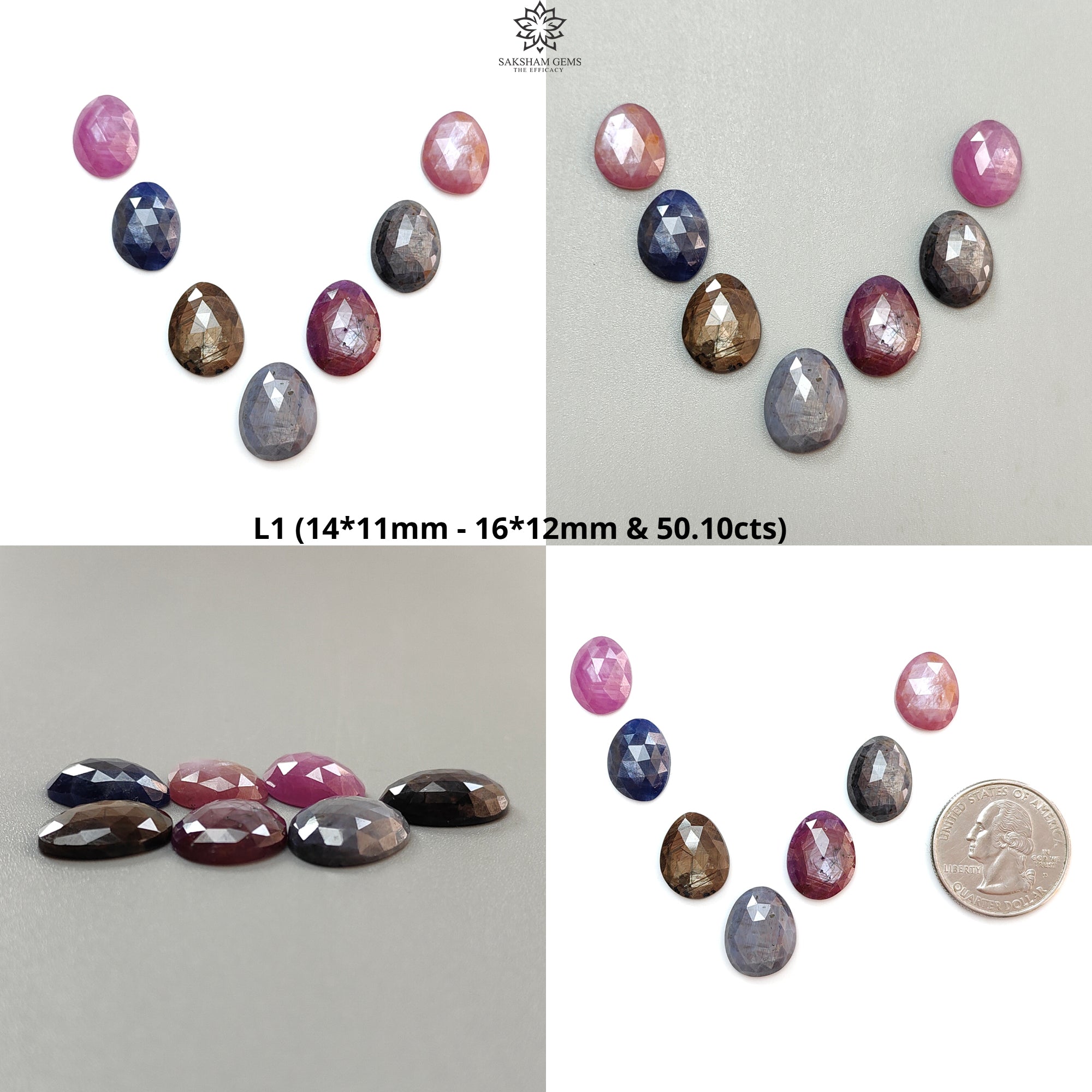 Natural Untreated Multi Sapphire Gemstone Rose Cut Slices - 7pcs Fancy Shape Faceted Loose Stones for Jewelry Making, Engagement Rings & DIY Crafts
