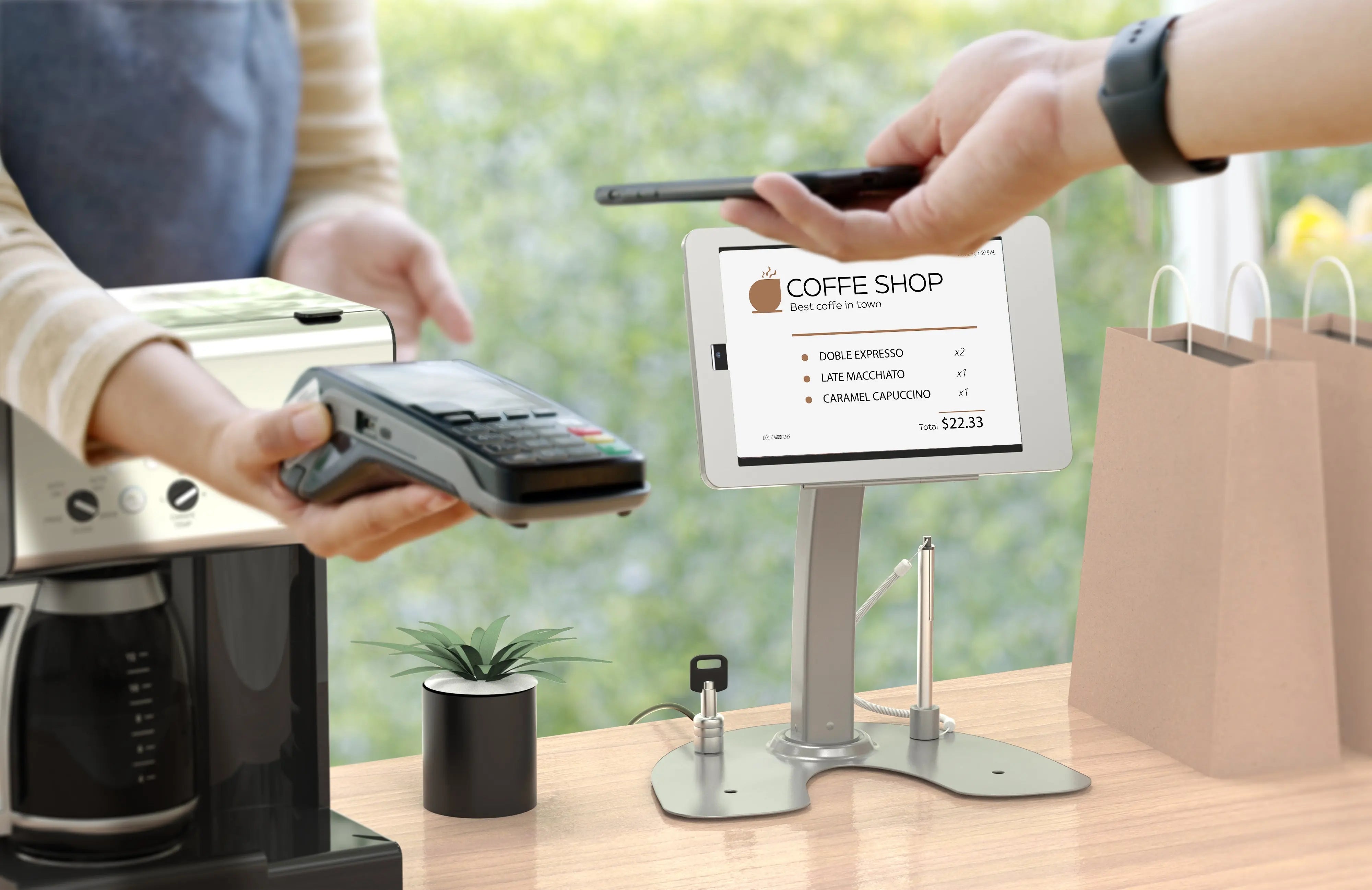 Dual Security Kiosk Stand with Locking Case & Anti-Theft Cable - Secure Payment Terminal for Retail Stores & Public Spaces