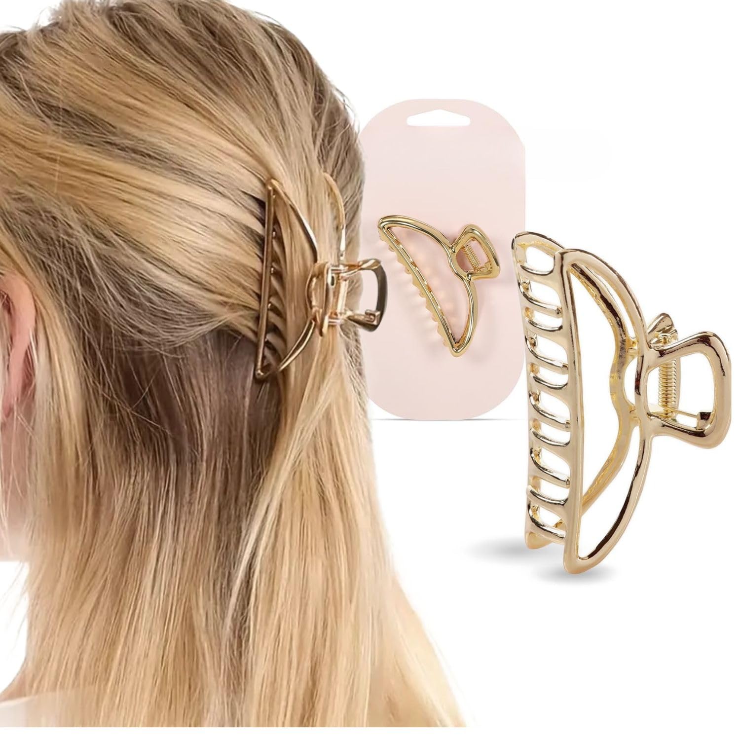 2-Piece Metal Hair Claw Clips for Women - 3 Inch Wide Gold Open Shape Hair Clutches - Perfect for Thick Hair, Ponytails & Updos - Hair Accessories for Daily Use, Work & Special Occasions