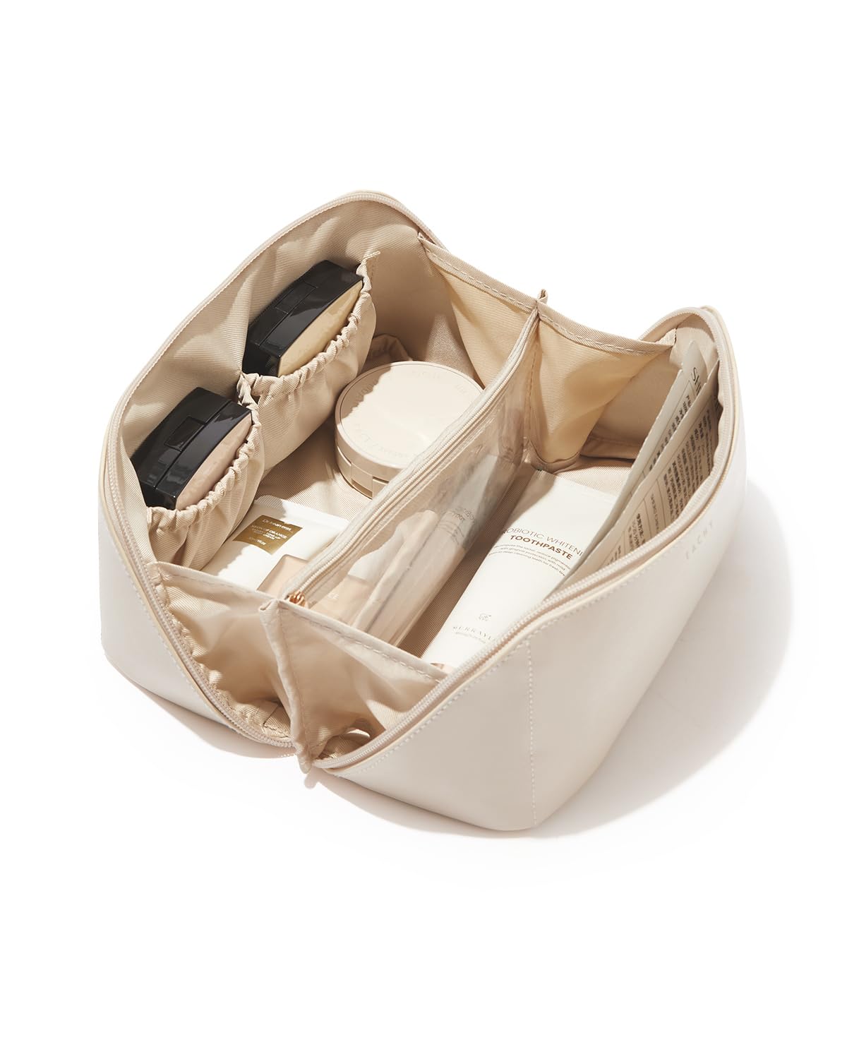 EACHY Large Waterproof Travel Makeup Bag for Women - Portable Cosmetic Organizer with Divider & Handle, Flat Open Toiletry Pouch - Perfect for Vacation, Gym, Business Trips & Daily Essentials Storage