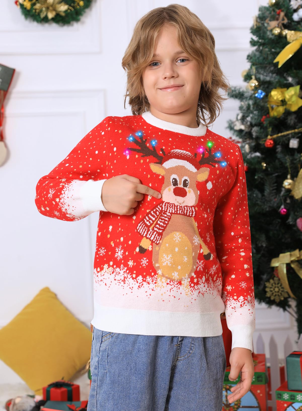 LED Light Up Christmas Ugly Sweater for Kids - Boys & Girls Reindeer Holiday Sweater with Built-in Lights | Fun Xmas Party Outfit & Family Photo Costume