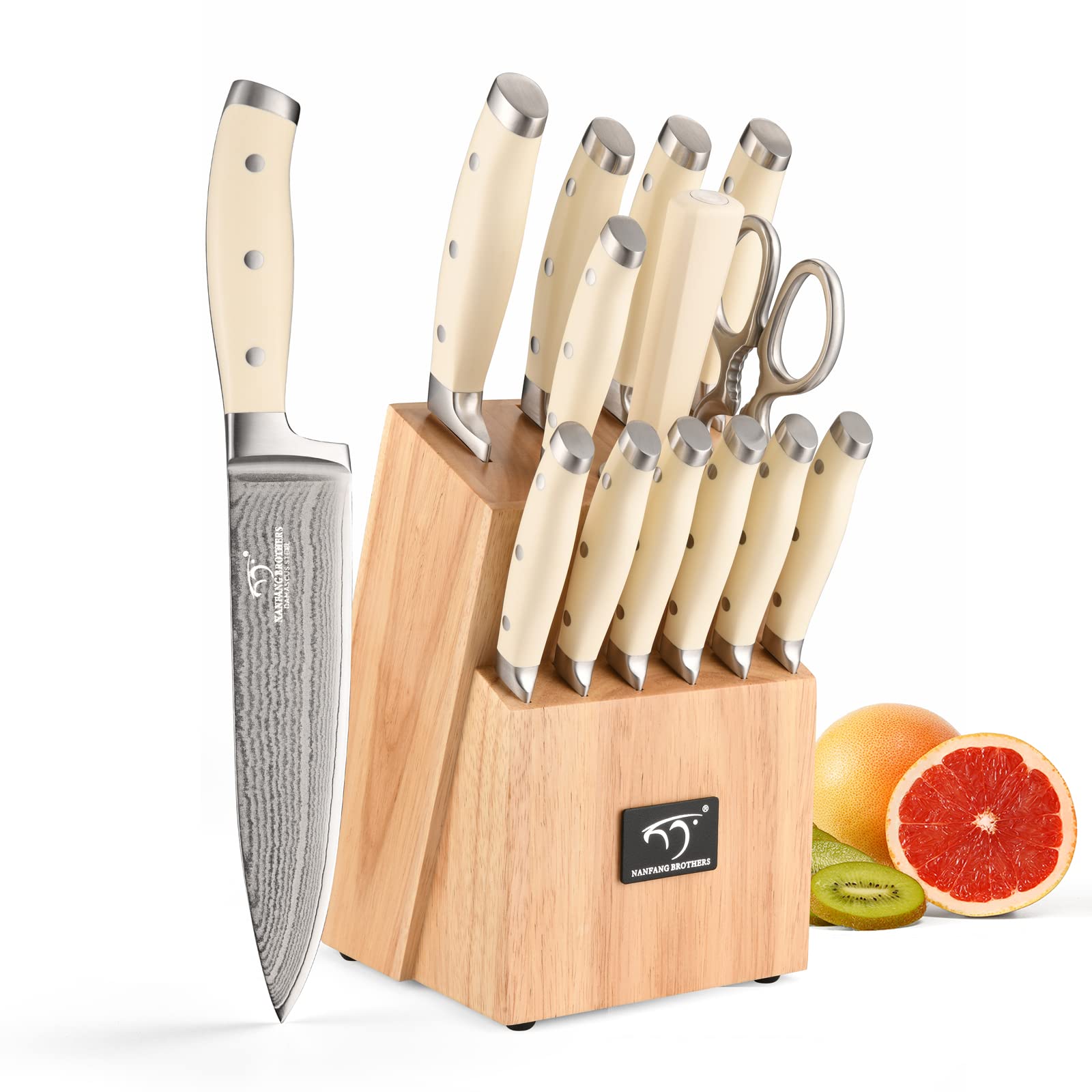 Premium 14-Piece Damascus Steel Knife Set with Wooden Block - Ergonomic ABS Handle, Knife Sharpener & Kitchen Shears - Professional Chef Knives for Chopping, Slicing, Dicing - Perfect for Home Cooking, Restaurant & Gourmet Food Preparation