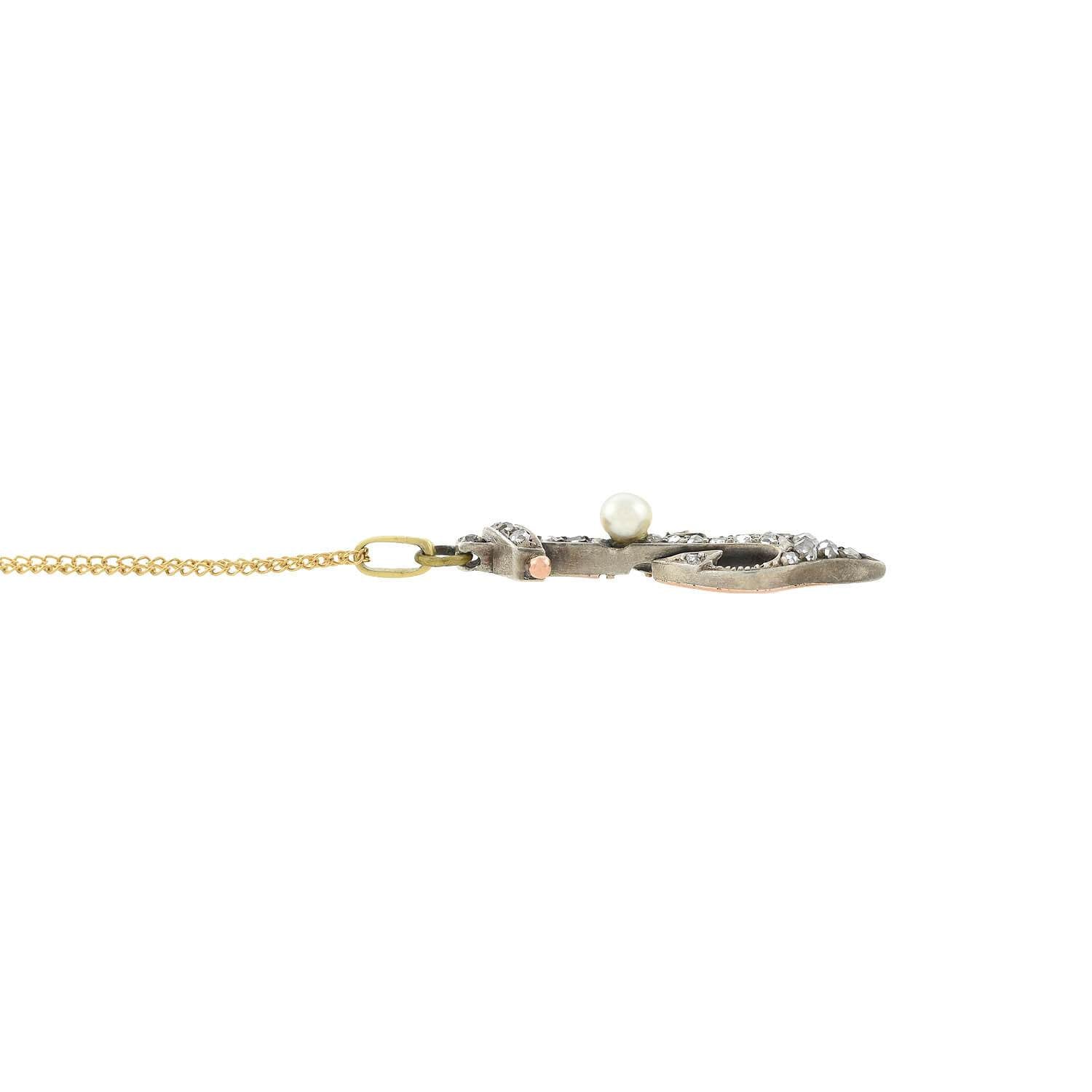 Victorian Style 18K Gold & Sterling Silver Diamond and Pearl Anchor Pendant Necklace - Elegant Jewelry Gift for Women, Perfect for Weddings, Anniversaries and Special Occasions