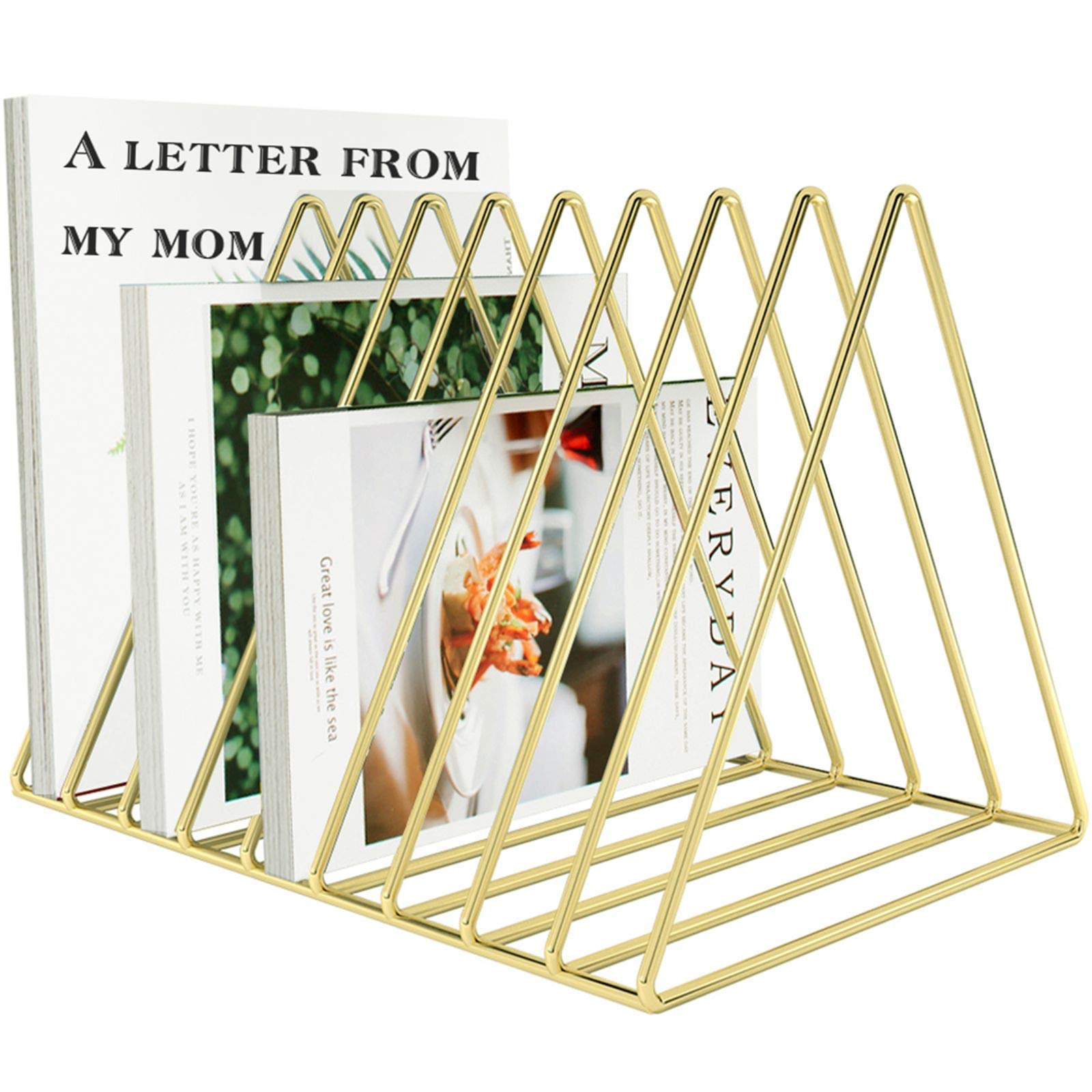 Gold Triangle Wire File Organizer - 9 Slot Desktop Magazine Holder & Book Shelf for Office, Home, and Photography Props | Stylish INS Decoration for Workspace and Living Areas