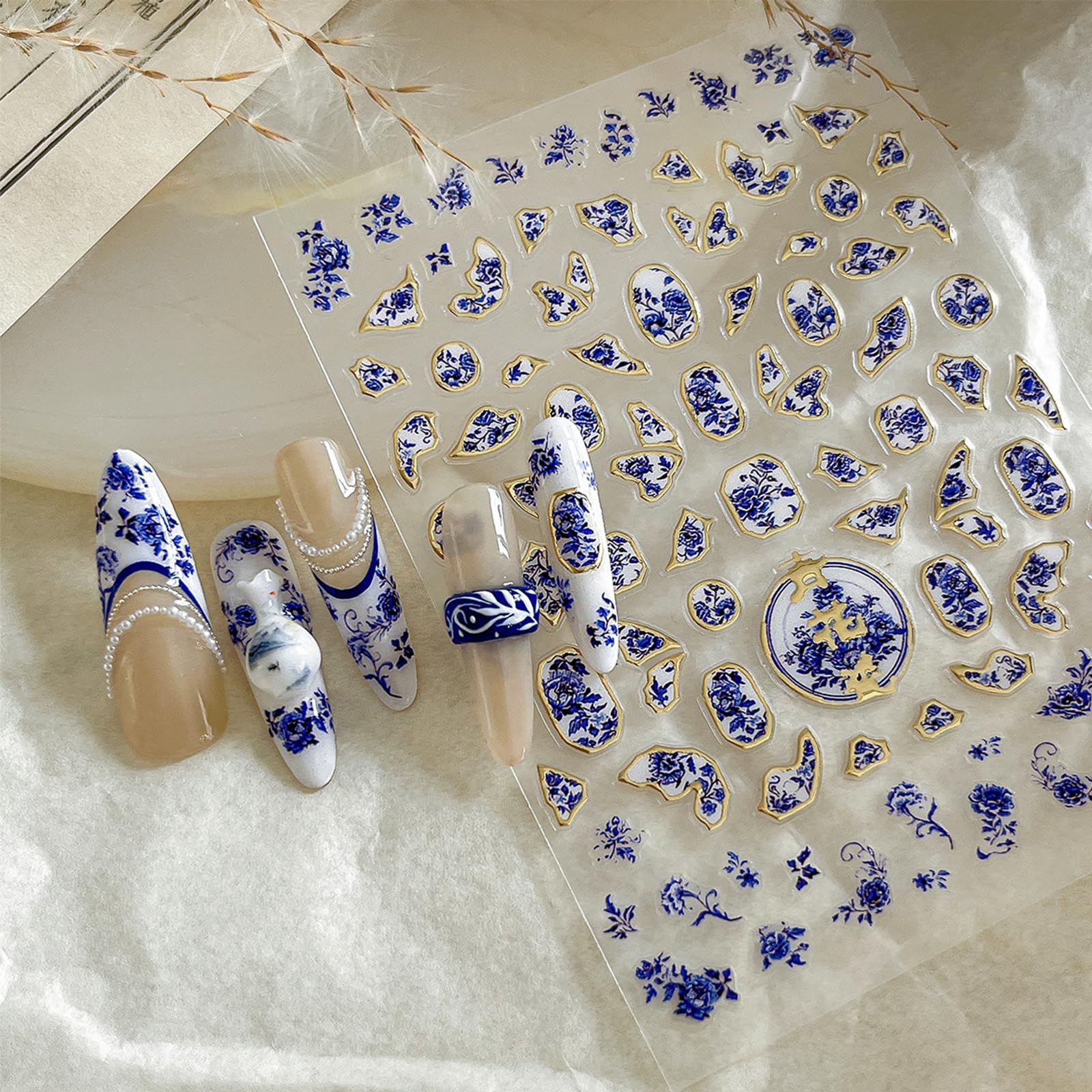 Blue and White Porcelain Nail Stickers - Chinese Style Floral Nail Art Decals with Adhesive Backing, Small Flower French Manicure Supplies, Irregular Bronzing Nail Decor for DIY Nail Design | Perfect for Wedding, Party, and Special Occasion Nail Art