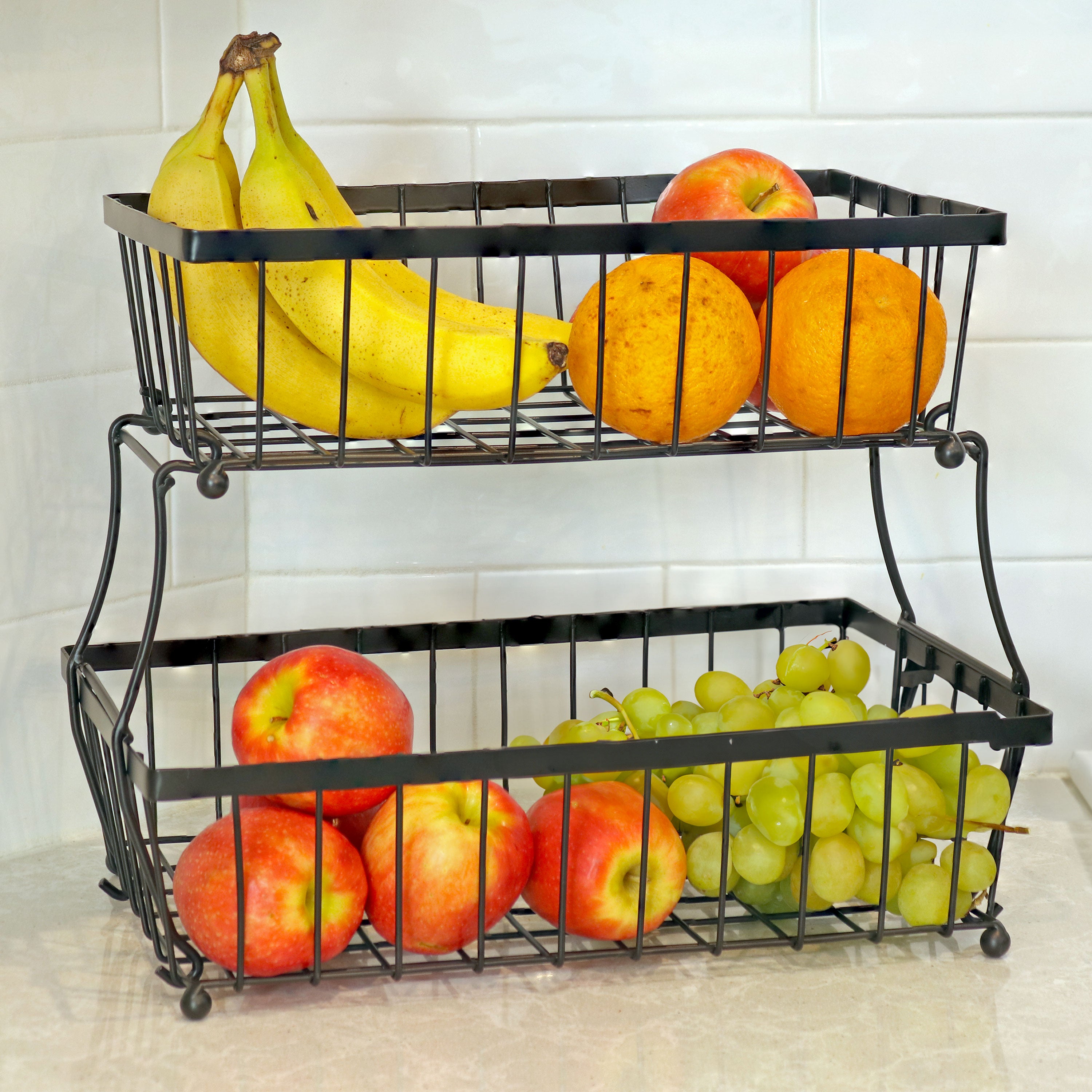 Sunnydaze Collapsible 2-Tier Fruit Basket - Space Saving Black Wire Kitchen Organizer for Countertop, Dining Table & Pantry Storage