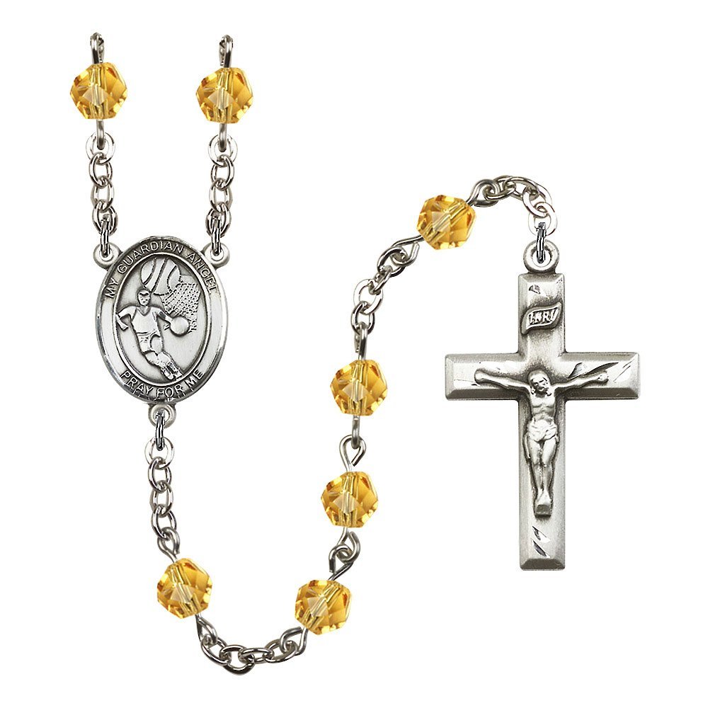 Guardian Angel & Basketball Silver-Plated Rosary Necklace - Birthstone Colors for All Months | Spiritual Protection Gift for Athletes, Graduation, Baptism, First Communion