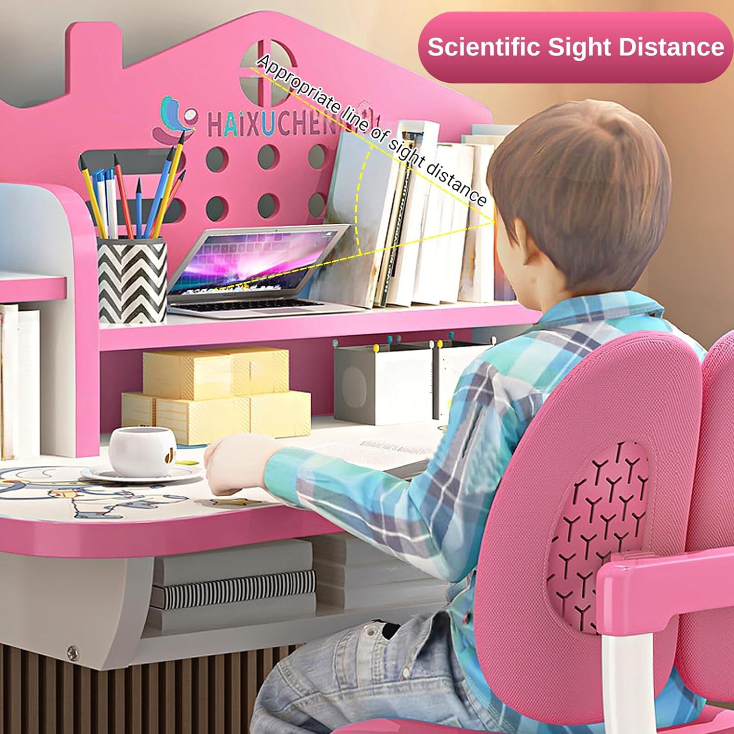 Pink Adjustable Height Kids Desk and Chair Set with Drawers & Storage - Cartoon Pattern Study Desk for Girls, Ergonomic Curved Desktop for School & Homework - Perfect for Bedroom, Homeschooling & Online Learning